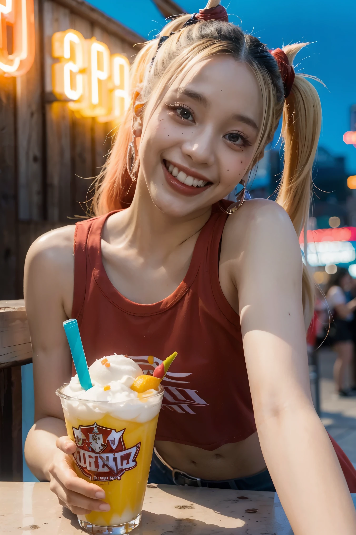 (mesa, Mejor calidad:1.2), harley quinn (Liga del Dios de la Justicia々y monstruos), Cosas ilimitadas, 1 chica en, sonrisa, session, mirando al espectador, Comer hielo raspado, en el puesto de comida, noche