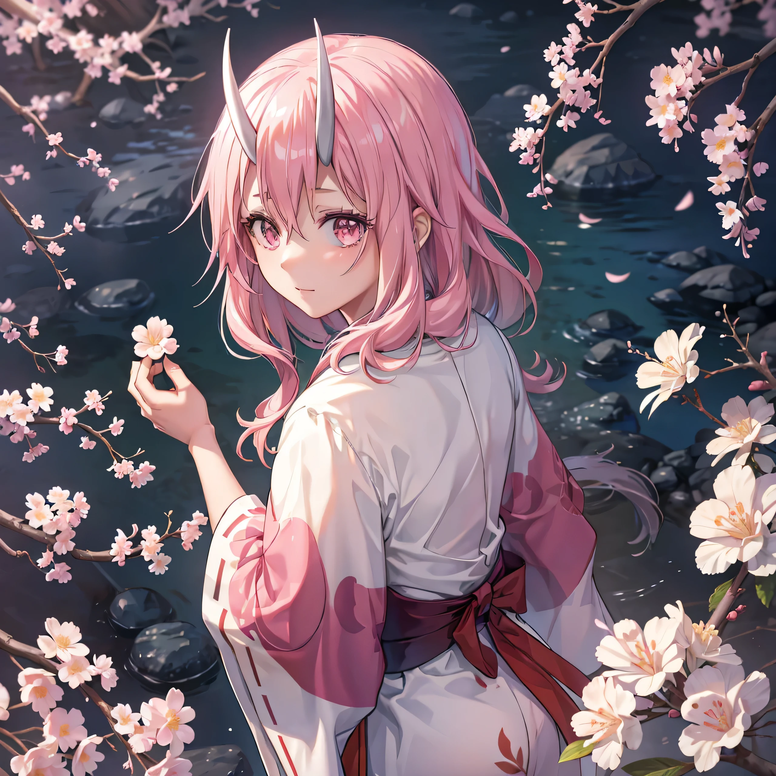 1girl, solo, masterpiece,extremely detailed CG unity 8k wallpaper,1girl, beautiful, realistic, ,, branch, plum blossom, depth_of_field, flower, jewelry, nose, realistic, solo,chinese clothes,fingers hidden, arms hidden, Shuna, pink hair, oni horns, white horns, pink eyes, long hair, sidelocks, hair between eyes