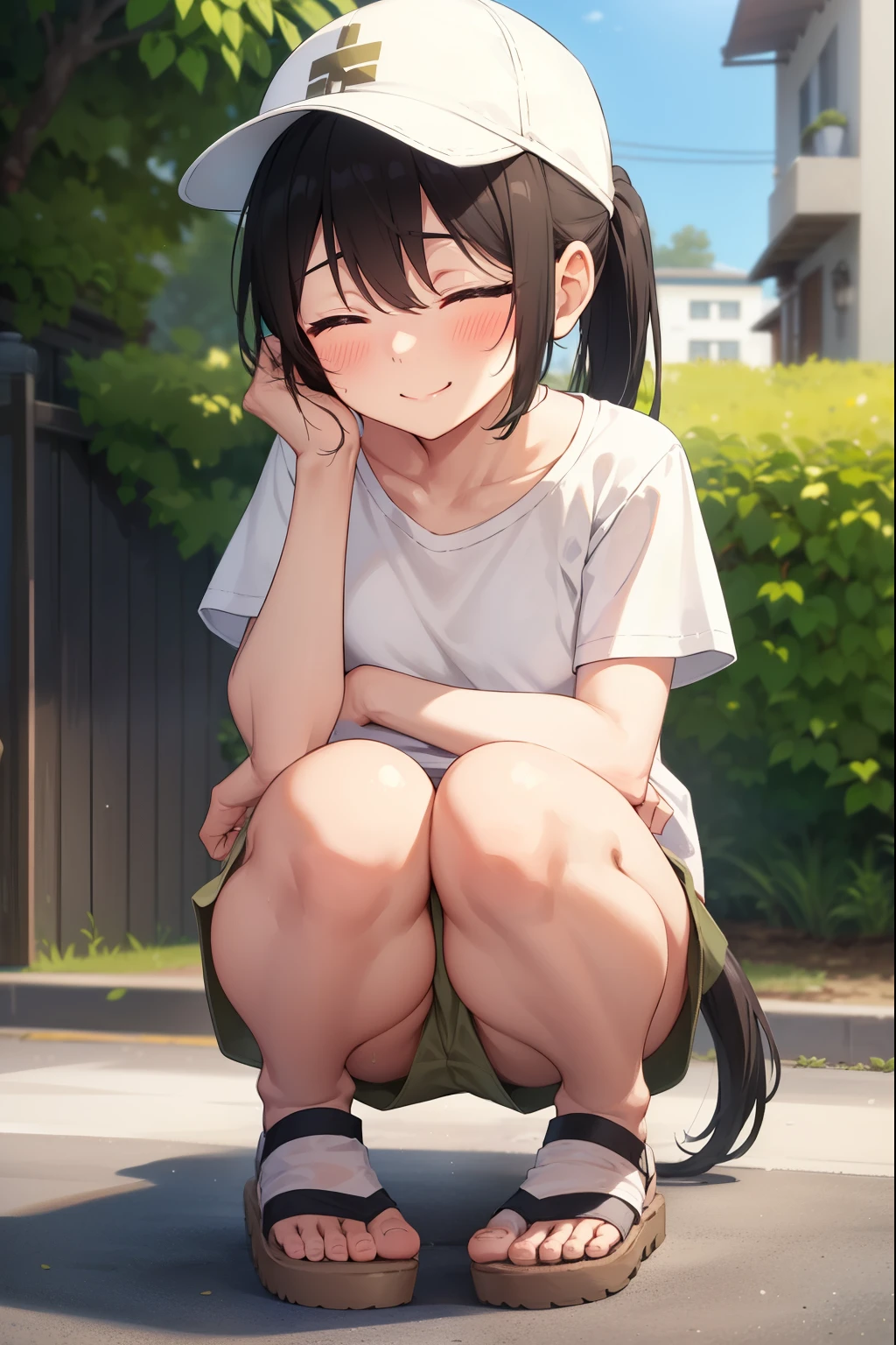 Residential Street,smile,squat,Close ~ eyes,1 ,ponytail,Black Hair,blush,White T-shirt,Olive green shorts,Brown Sandals,White skin,summer,White cap,From below,Spread your hands,shy,Sweat,Shy,