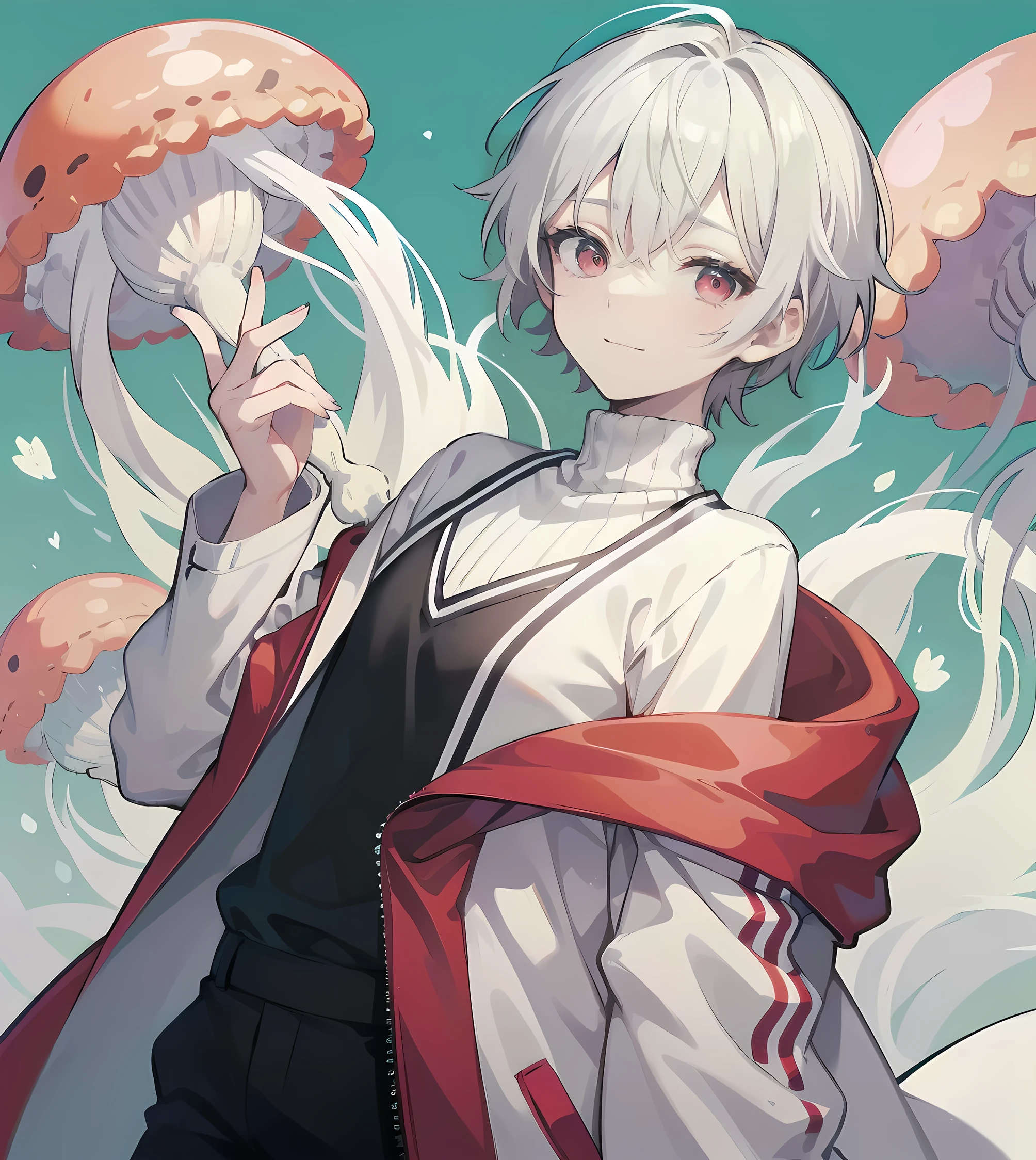 Boy with short white hair and red eyes , white turtleneck , red shoulder coat , Dazed face, slight smile , jellyfish background , Head-waist , 