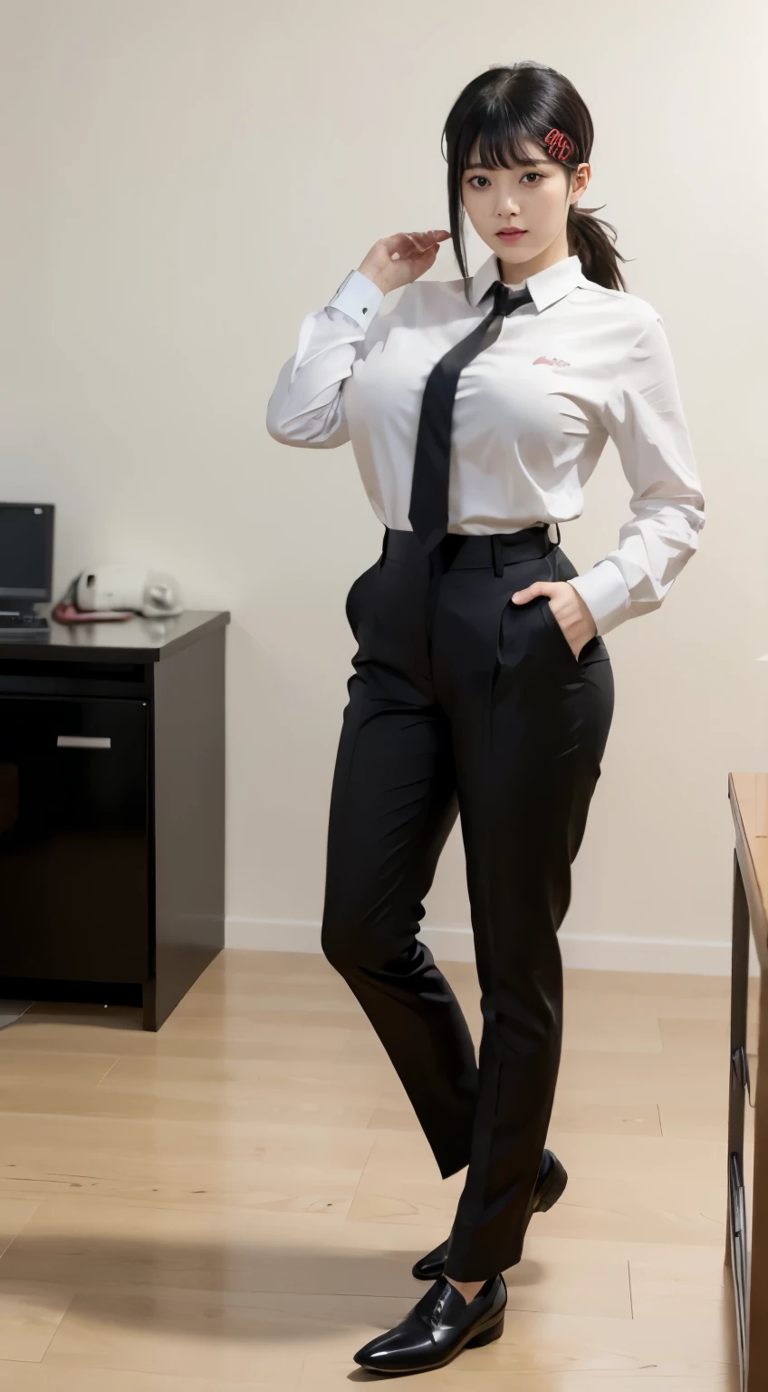 Highest quality、Ultra-high resolution、Professional Lighting、Detailed Background、workroom、full body,Kobeni-chan、A sloppy smile、25-year-old woman、beautiful girl、(Kobeni-chan、Jet black hair, Black Hair, bangs, One-sided hair,)、(Red Hair Clip:1.1)、(White shirt:1.2)+(Black tie:1.2)+(black long pants for work:1.2)、(Huge breasts that look like they might burst:1.2)、(Big thighs:1.1)、Are standing、Model pose