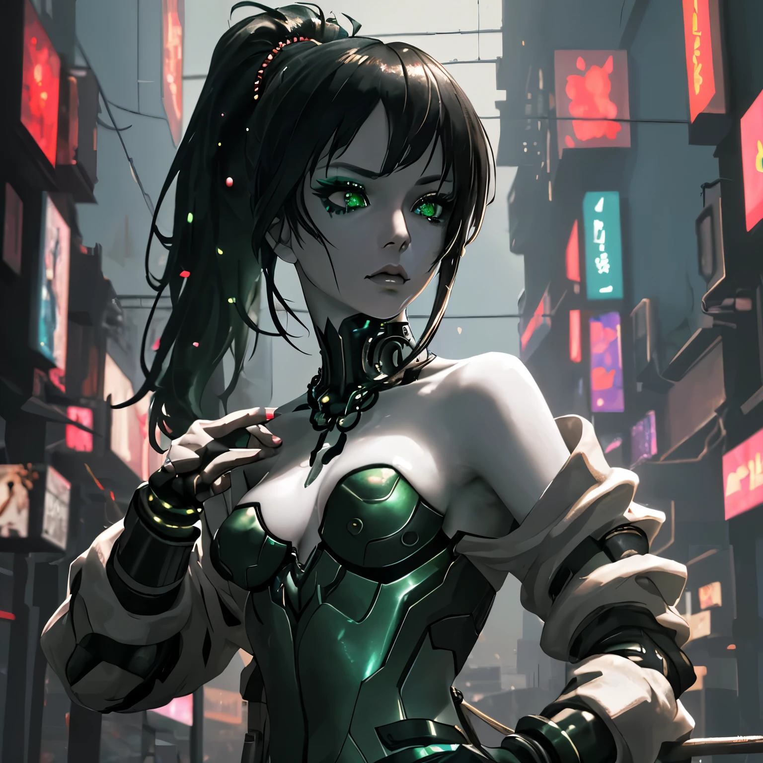 (Masterpiece, Best quality, 8K, Intense focus, Depth of field, Best shadows, Perfect lights, Human development report, Realistic skin texture, Highly detailed background), Anime style, Long angle shot, ((Cyberpunk theme)), Single, 1 woman, They are mercenaries, (green eyes, White skin, Black hair with ponytail, necklace, Small breasts, Moderate build, makeup, Eyeliner, Glitter), It&#39;s set in a futuristic Korean city, He holds the Tech-katana with a firm grip, a night, sky, The moon is waning, He wears a nice technical jacket and leather pants.