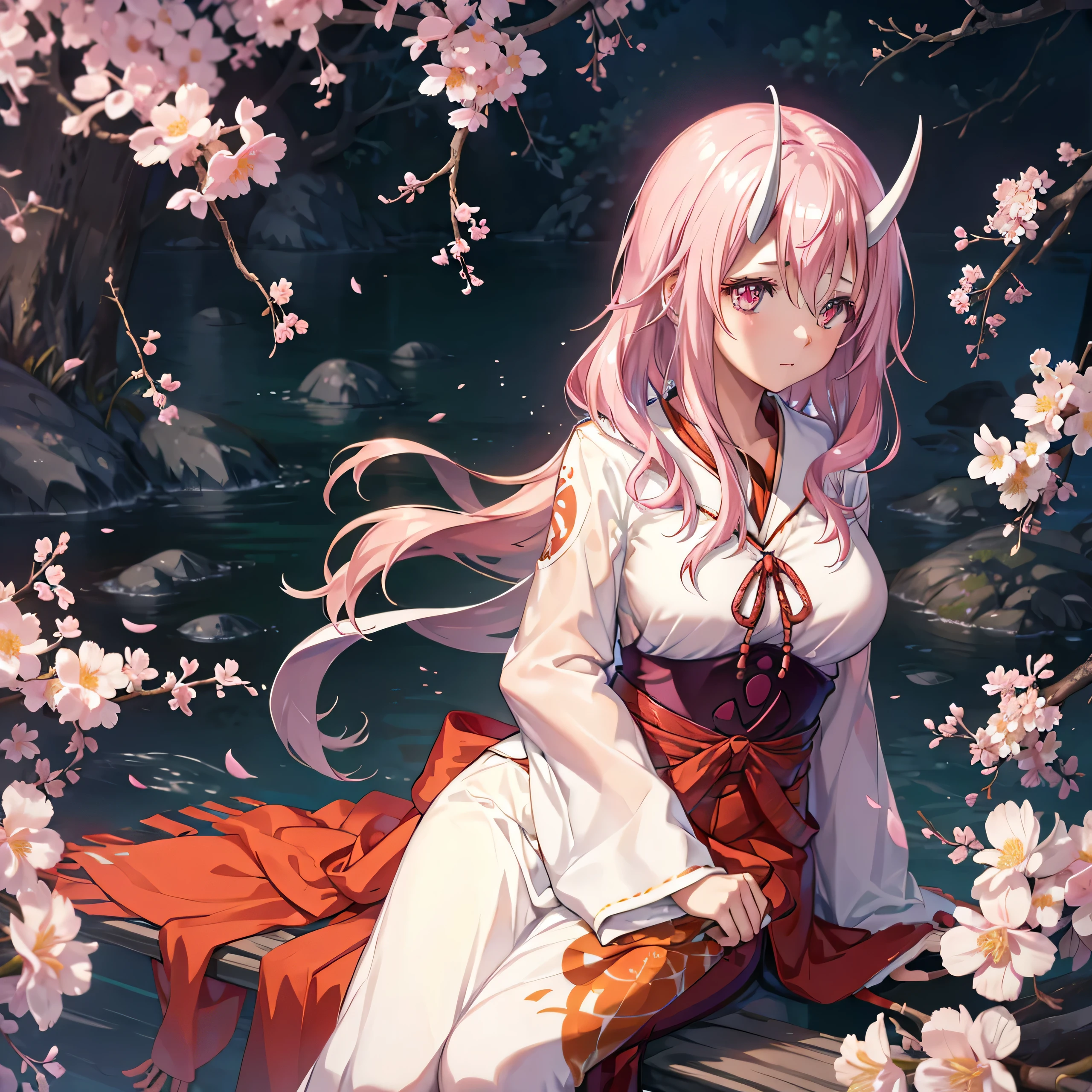 1girl, solo, masterpiece,extremely detailed CG unity 8k wallpaper,1girl, beautiful, realistic, ,, branch, plum blossom, depth_of_field, flower, jewelry, nose, realistic, solo,chinese clothes,fingers hidden, arms hidden, Shuna, pink hair, oni horns, white horns, pink eyes, long hair, sidelocks, hair between eyes