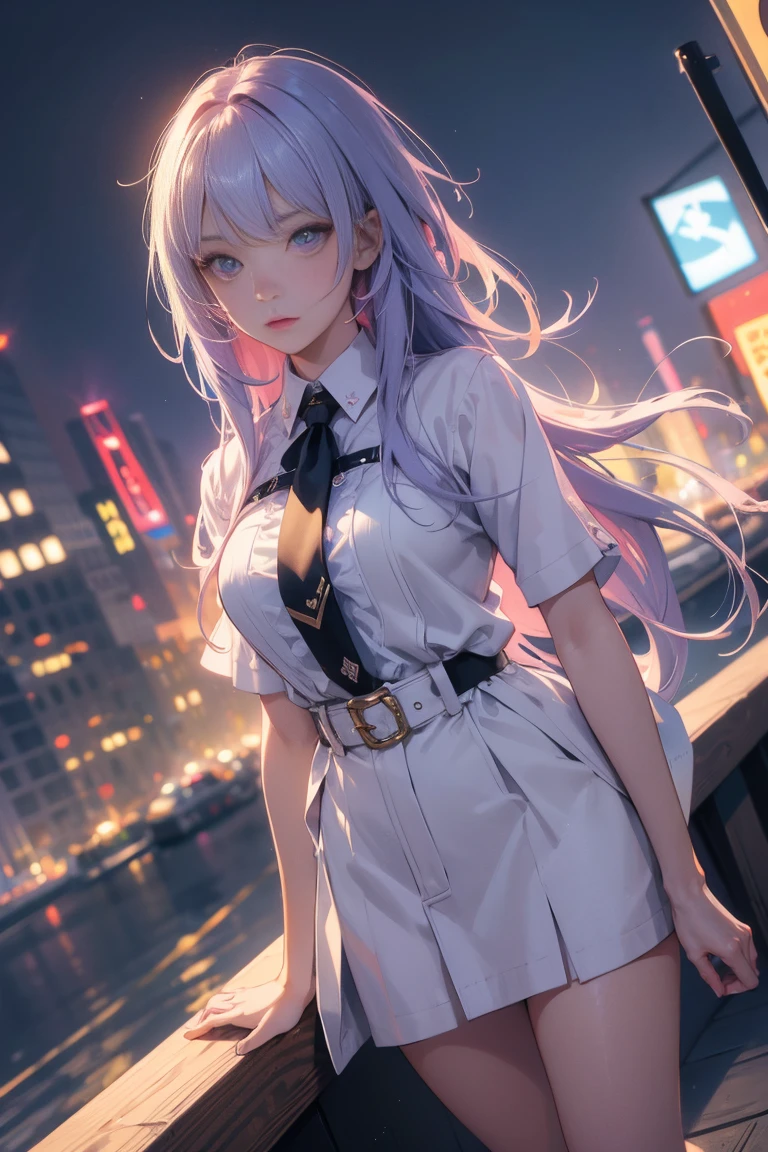 NY, (gradient hair, dutch angle:1.3), film grain, chromatic aberration, city, masterpiece, best quality, raw photo, photorealistic, absurdres, 1girl, cute, perspective, cowboy shot, highres, ultra detailed, detailed eyes and face, sharp pupils, realistic pupils, sharp focus, summer, night,  detailed full figure, beautiful socks, Socks above the knees, chance meeting, runaway from home