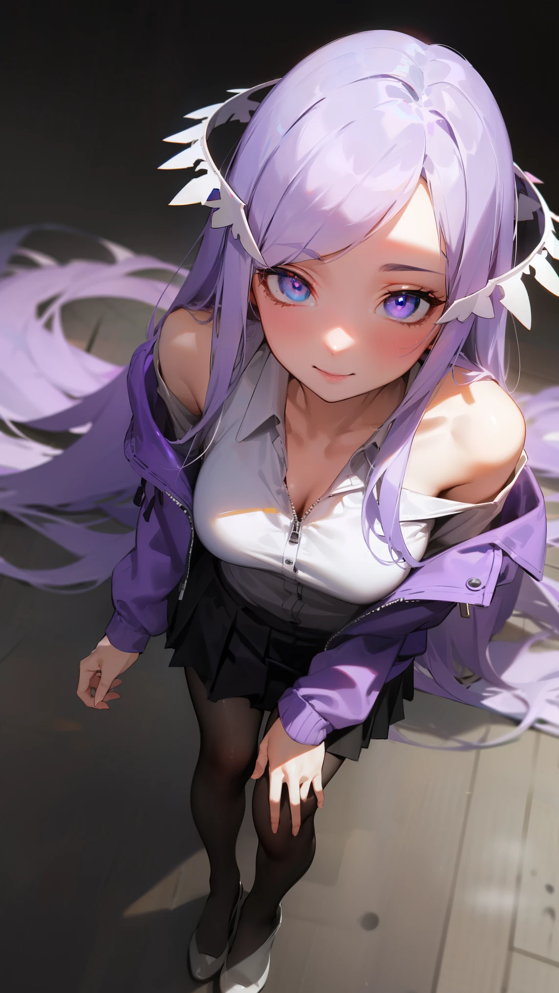 quinella, quinella, absurdly long hair, (purple eyes:1.1), long hair, parted bangs, purple hair, very long hair, hair ornament,medium breast,
BREAK (collared shirt, white shirt, off shoulder, purple jacket, partially unzipped, long sleeves, sleeves past wrists, pleated skirt, black skirt, pantyhose:1.2),
BREAK leaning forward, looking at viewer, smile, from above,
BREAK (masterpiece:1.2), best quality, high resolution,NSW ,unity 8k wallpaper, (illustration:0.8), (beautiful detailed eyes:1.6), extremely detailed face, perfect lighting, extremely detailed CG, (perfect hands, perfect anatomy),