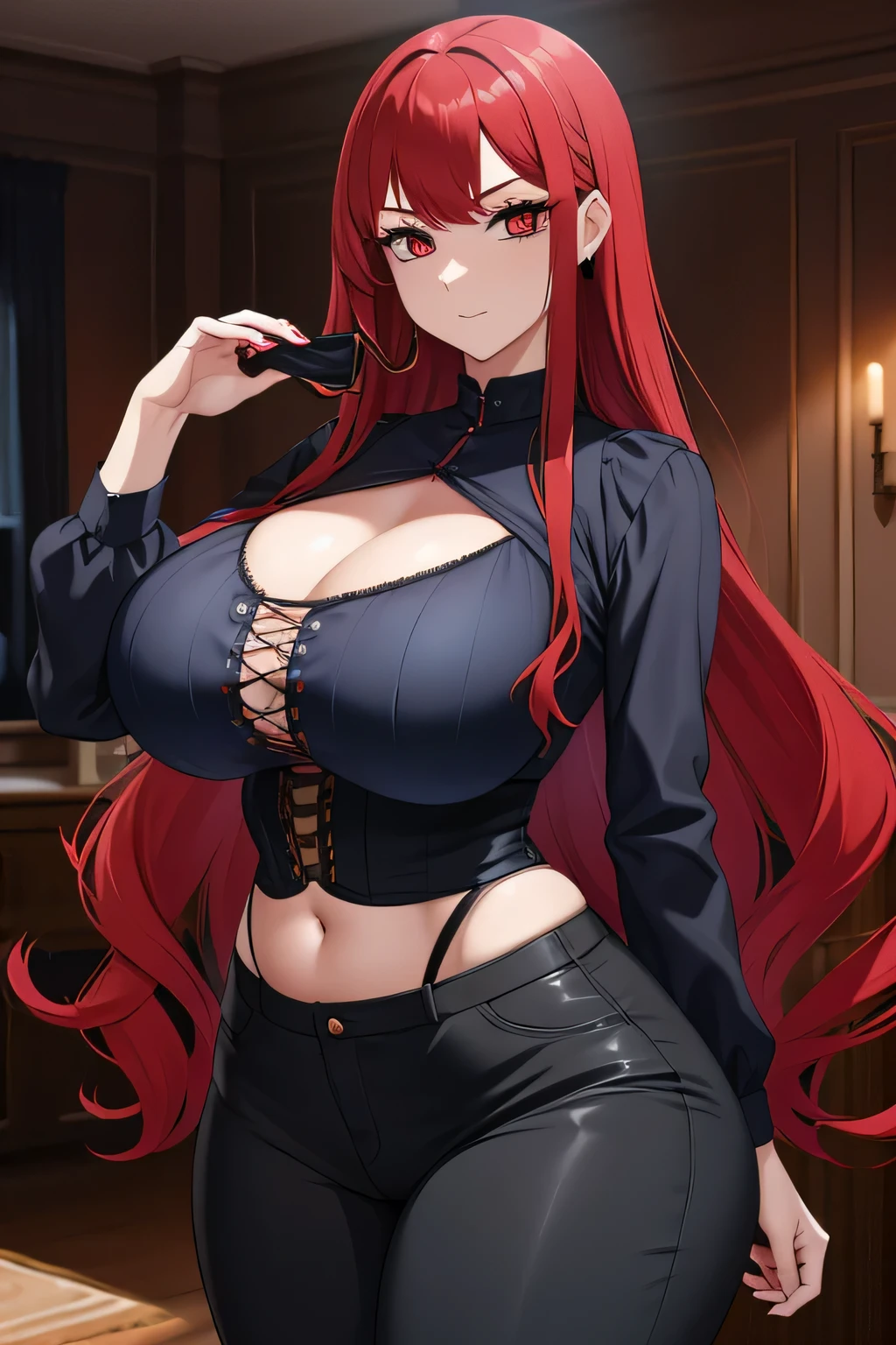 A tall beautiful cool woman with a big chest, long wavy red hair, her round red eye shines with a big black eyelash, she wears a metallic black corset bra covered with a transparent shirt, black net, her body shows her navel and long navy blue pants. 