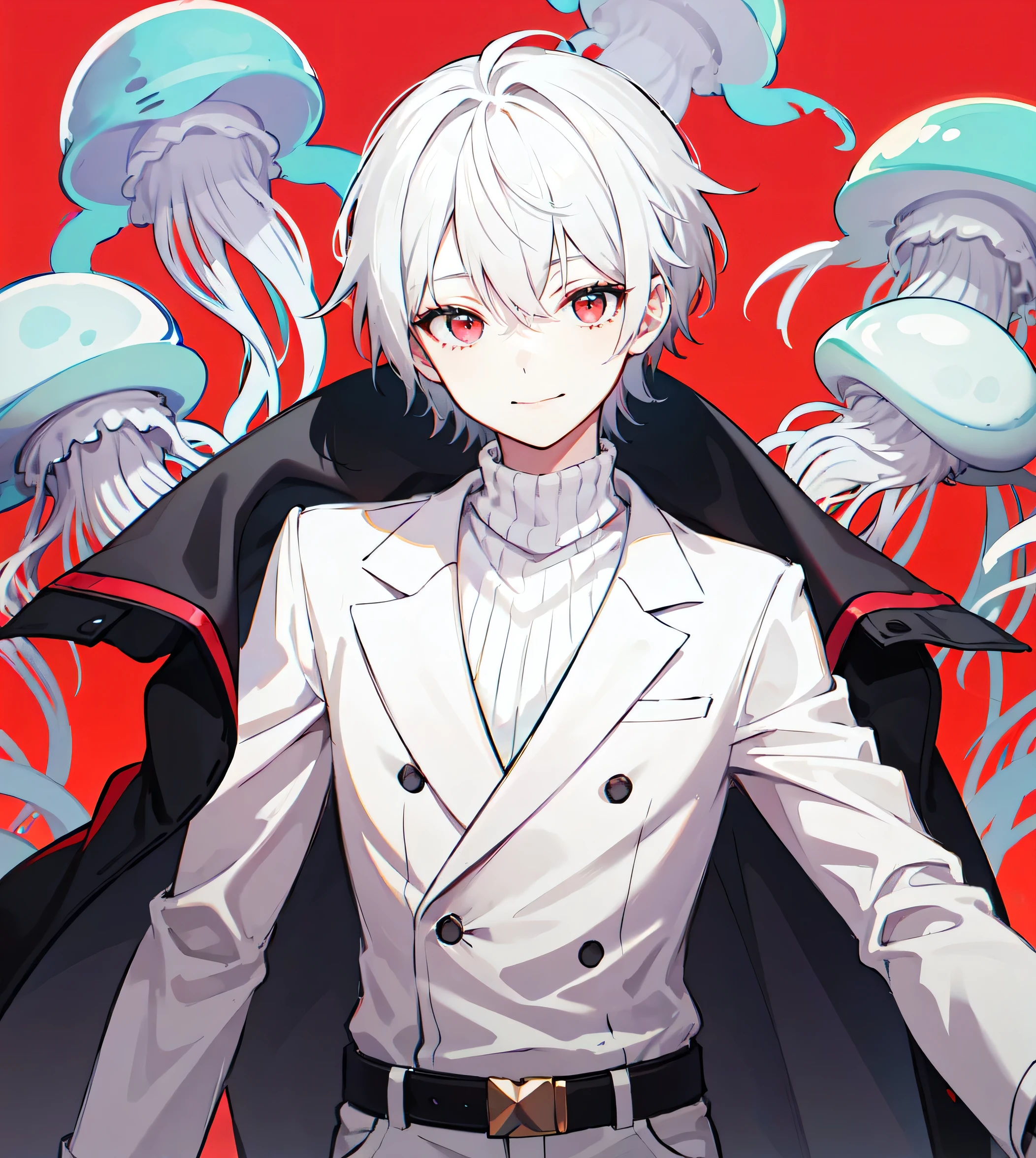 A boy with short white hair and red eyes. , white turtleneck , red shoulder coat , dazed face, smile a little , jellyfish background , Head-waist , flashy colors