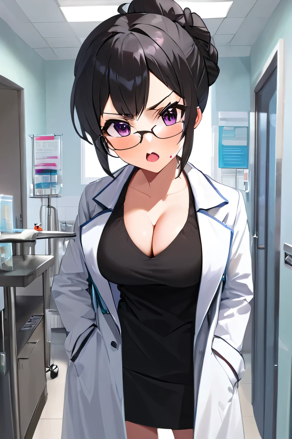 masterpiece, best quality, 1 girl, solo, doctor,black hair,white coat, black shirt, updo,standing, [[angry]] ,opening  mouth ,cleavage,glasses ,clinic , from the front