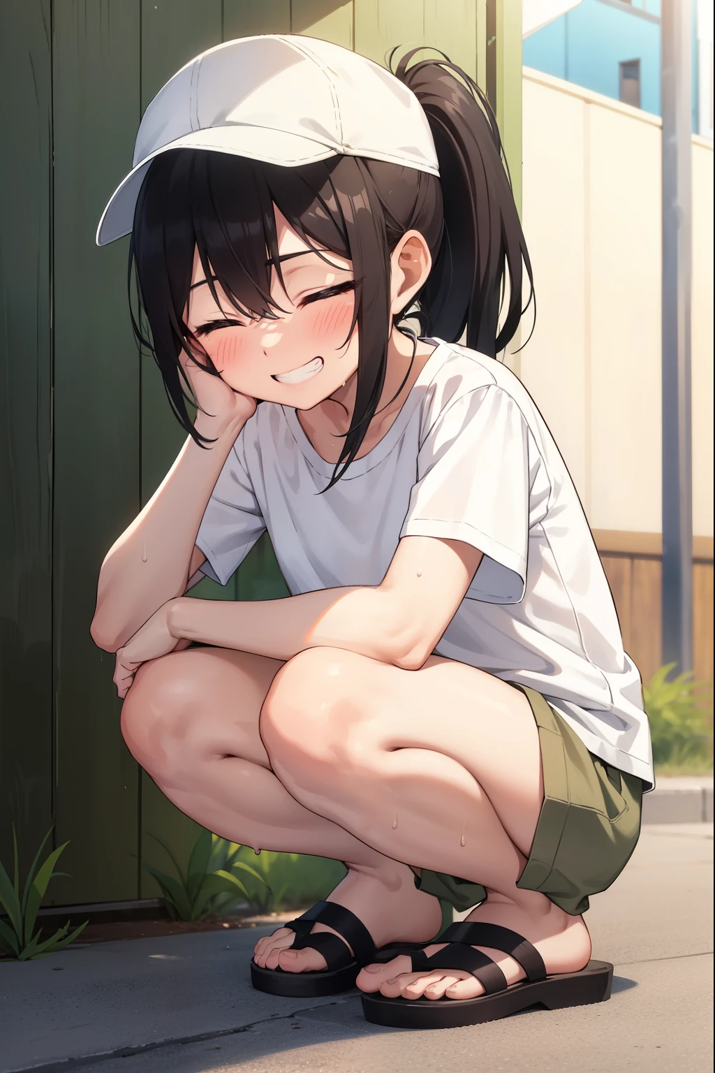 Residential Street,smile,Squat,Eyes closed,1 ,ponytail,Black Hair,blush,White T-shirt,Olive green shorts,Brown Sandals,White skin,summer,White Hat,From below,Open your hands,shy,Sweat,Grin,