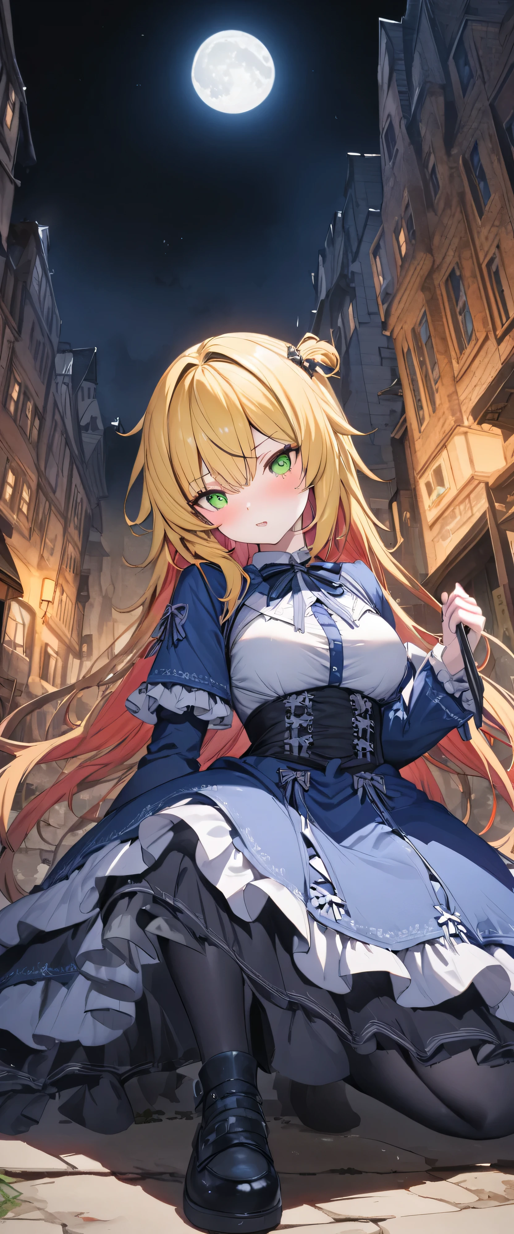 Green Eyes Top Quality Super Detailed,unity 8k wallpaper,Embarrassing,(Blue Uniform Gothic ****ta:1.2),Full moon night,((watercolor)),whole body,((Glowing Eyes:0.8)),beautiful girl,,town,city,Blonde, ((Highlighted Hair,Red striped hair)),Ready your gun?