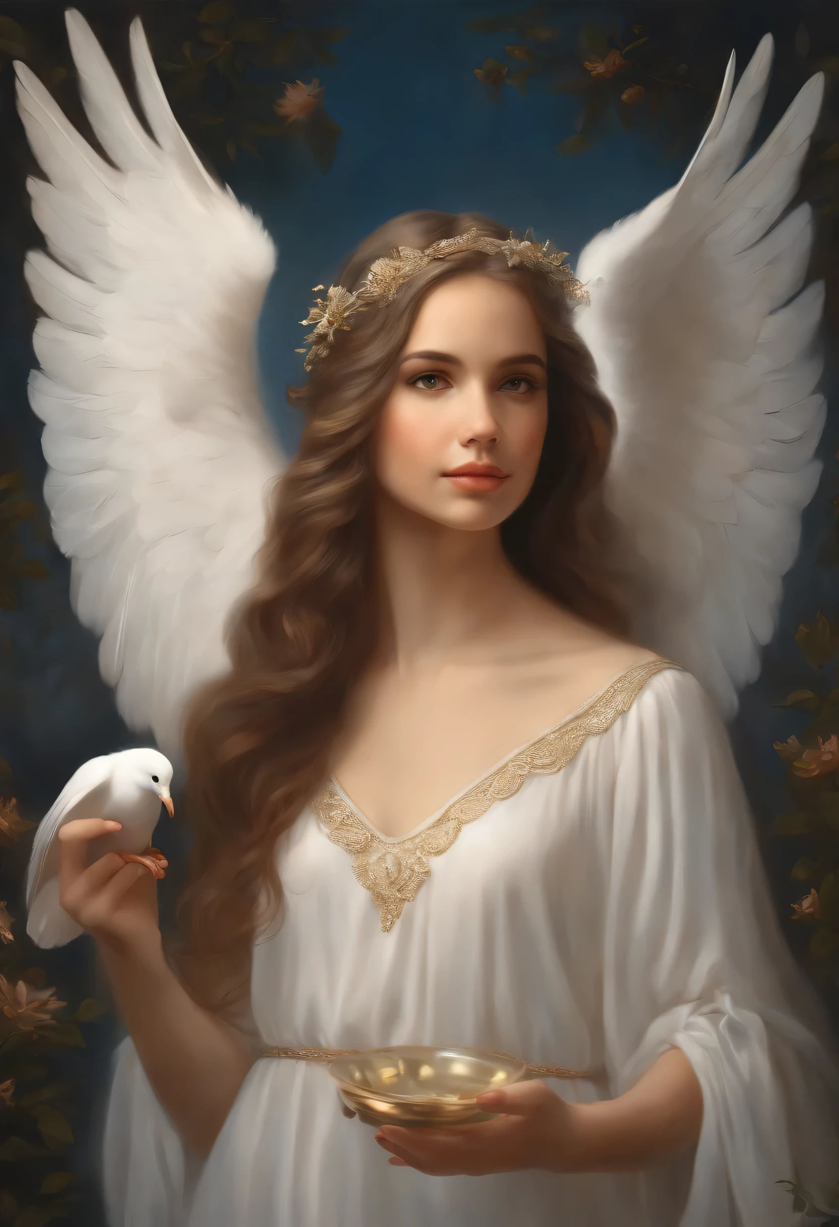 Painting of a girl holding a dove, of an beautiful Angel Girl, Beautiful angel, of Beautiful angel, Angel Girl, Beautiful woman angel, portrait of a Beautiful angel, beautiful Angel Girl portrait, Winged girl angel, angel themed, Angelical, Lots of Angelic pictures, Angelic girl with wings, angel themed, Angelic