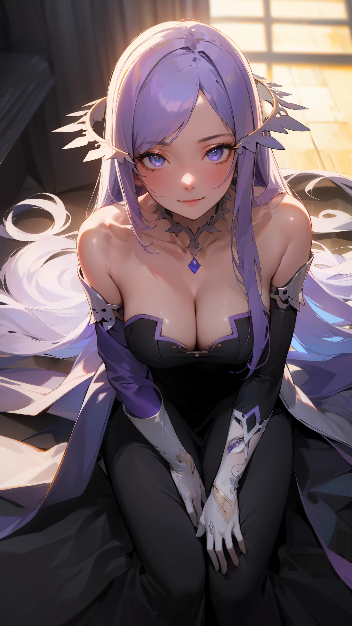 quinella, quinella, absurdly long hair, (purple eyes:1.1), long hair, parted bangs, purple hair, very long hair, hair ornament,medium breast,
BREAK (black long dress,bridal gauntlets,jewelry,bare shoulders, cleavage, detached sleeves,elbow gloves,collarbone:1.2),
BREAK leaning forward, looking at viewer, smile, from above,
BREAK (masterpiece:1.2), best quality, high resolution,NSW ,unity 8k wallpaper, (illustration:0.8), (beautiful detailed eyes:1.6), extremely detailed face, perfect lighting, extremely detailed CG, (perfect hands, perfect anatomy),