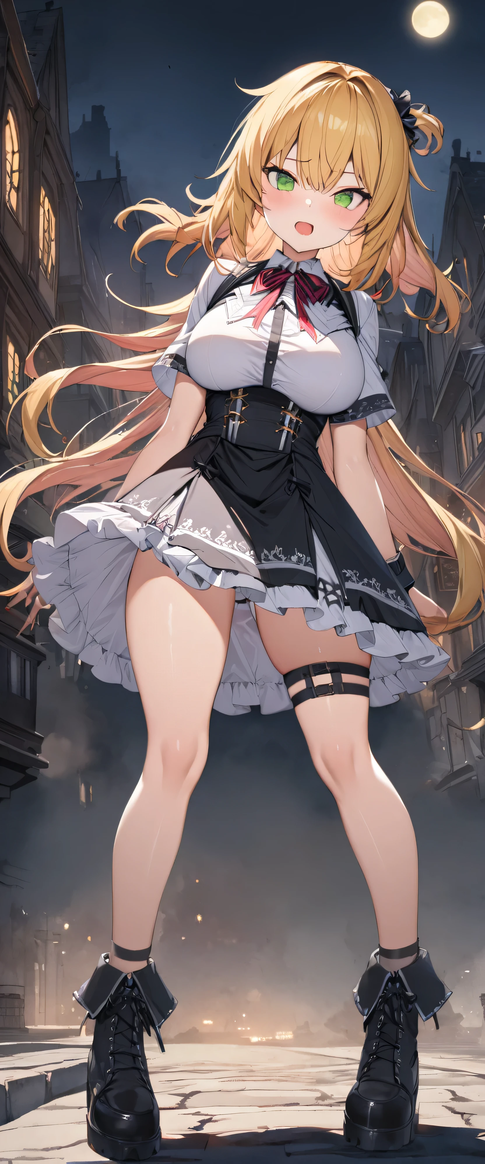 (Highest quality), (masterpiece), 1080P, High resolution, 4K, 8K, Black Mask, Selfie, Are standing, Thigh straps, Shooting from directly below, ((Nipples)), ((White panties)), Gothic Lolita, Frilled Skirt, White sweat, Covered , Sweaty, Woman looking down, To achieve this, , Small breasts, Upper Body, Black leather shoes, Braided hair, Ear hair, Inner Color, Embarrassed face, Long Hair, Yellow Eyes, bracelet, alley, dim