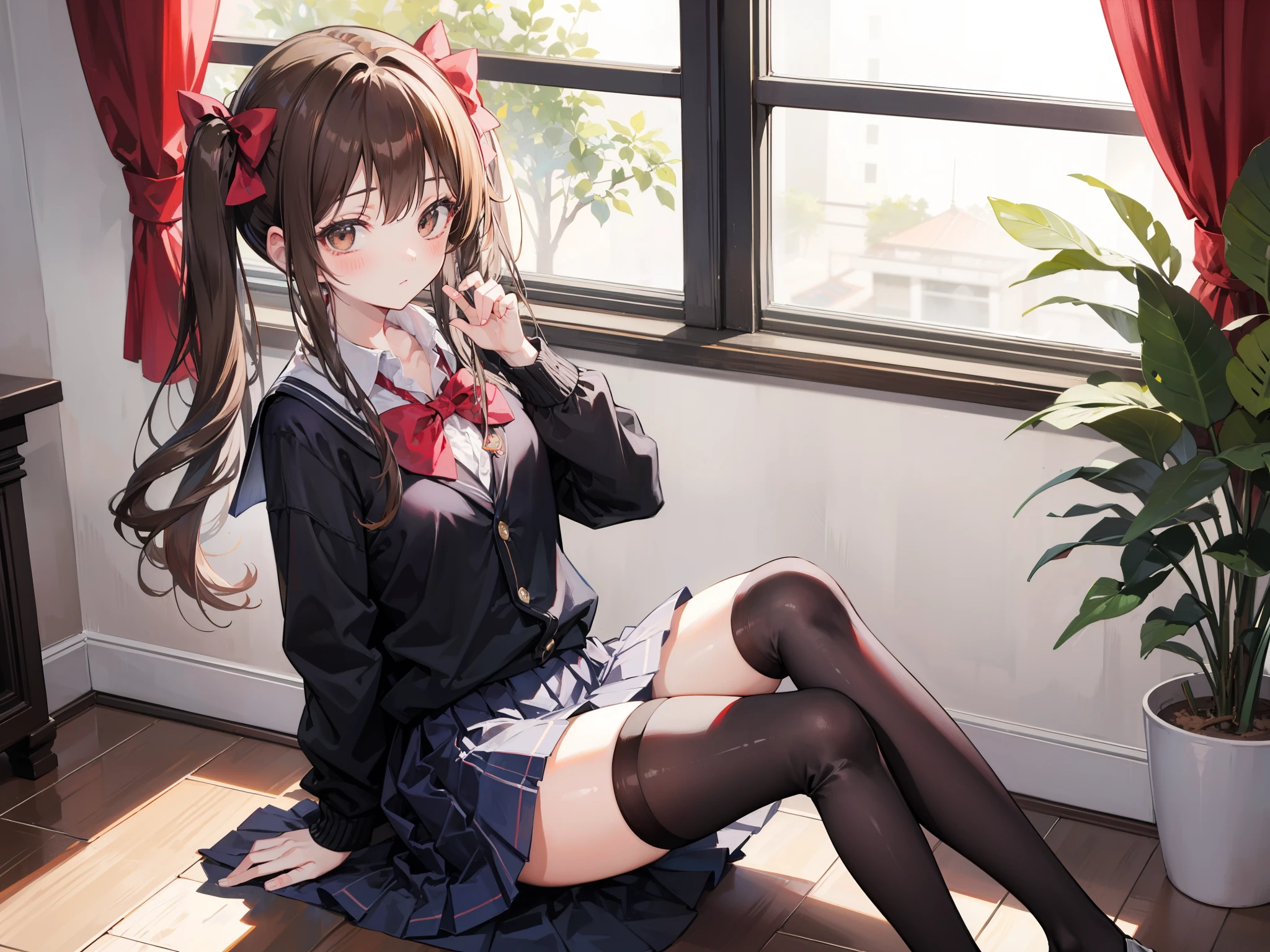 rating:safe, curtains, thighhighs, twintails, 1girl, brown_hair, skirt, solo, window, black_legwear, brown_eyes, bow, blush, long_hair, looking_at_viewer, indoors, sitting, knees_up, zettai_ryouiki, pleated_skirt, ribbon, school_uniform, hair_ribbon, bowtie, collared_shirt, long_sleeves, bangs, red_bow, shirt, alternate_costume