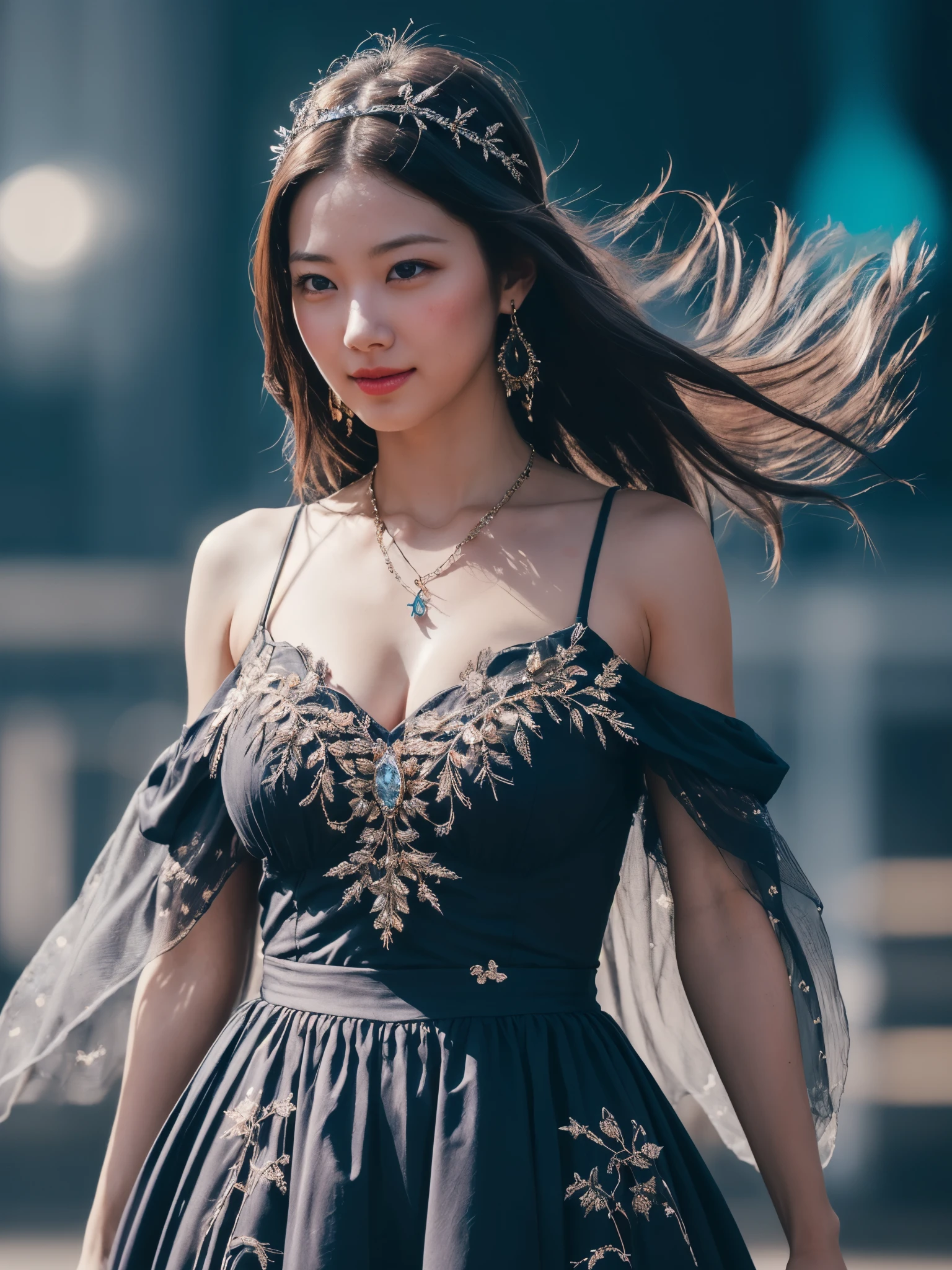 (girl with surging energy aura:1.2), BREAK, 1girl, (energy stream upward:1.2), windswept upward, detailed hair, see-through drapped clothes, cleavage, huge breast, shoulder, magical imbued pendant necklace, intricate ornate magical headpiece, bright light, (glowing:1.2), (lens flare:0.8), thunder, (masterpiece, top quality, best quality, official art, beautiful and aesthetic:1.2), extreme detailed, highest detailed, high resolution, perfect dynamic composition, bokeh, (sharp focus:1.2), high color contrast, depth of field, blurry background, 