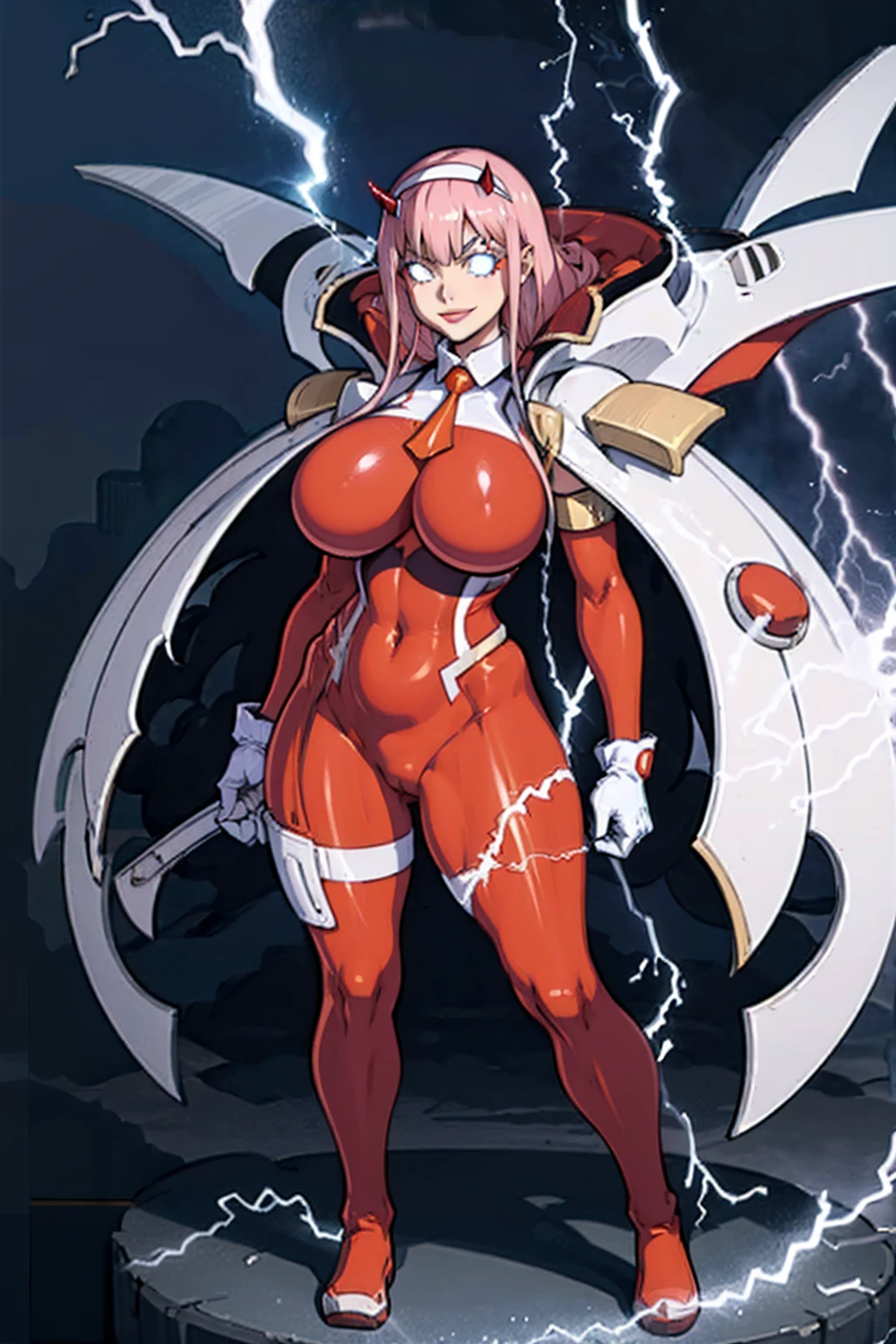 masterpiece, best quality, IncrsLowTier, electricity, glowing eyes zerotwo horns, hairband, necktie, red dress, pantyhose horns, hairband, red bodysuit, armlet, mecha horns, hairband, white bodysuit, white gloves, cap, red dress, white gloves, jacket on shoulders, pantyhose, cyber_armor body_suit,huge_breast, tall female, fulll body, sun light, smile,, sun aura,, boots, standing, smile, lips, red lips,,,{best quality}, {amazing quality} {best quality},{amazing quality},, {absurdres},{{highres}}, {very aesthetic}, {detailed}, curvy, tall, huge breast, character focus, white background,full-length portrait,, huge hips, huge muscles, huge thighs, curvaceous, venus figure,full body, full portrait