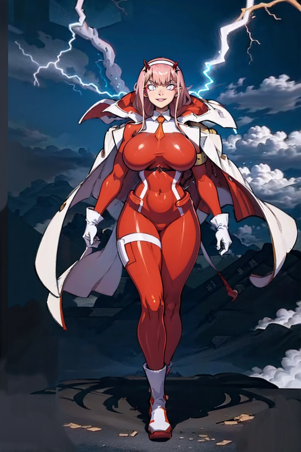 masterpiece, best quality, IncrsLowTier, electricity, glowing eyes zerotwo horns, hairband, necktie, red dress, pantyhose horns, hairband, red bodysuit, armlet, mecha horns, hairband, white bodysuit, white gloves, cap, red dress, white gloves, jacket on shoulders, pantyhose, cyber_armor body_suit,huge_breast, tall female, fulll body, sun light, smile,, sun aura,, boots, standing, smile, lips, red lips,,,{best quality}, {amazing quality} {best quality},{amazing quality},, {absurdres},{{highres}}, {very aesthetic}, {detailed}, curvy, tall, huge breast, character focus, white background,full-length portrait,, huge hips, huge muscles, huge thighs, curvaceous, venus figure,full body, full portrait