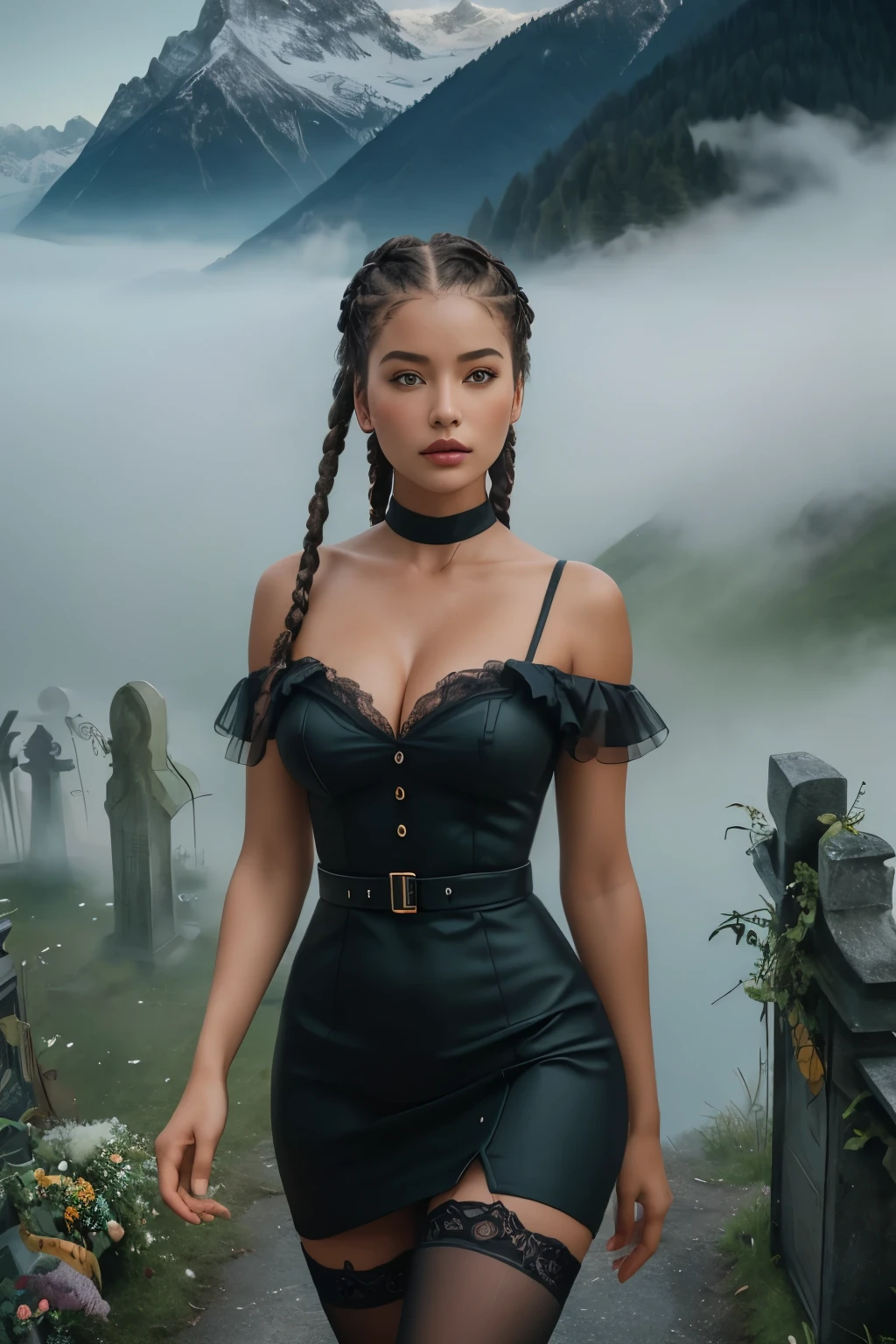 1girl , solo, cute, ultra-detailed skin, vivid color,a woman descending stairs wearing a very sexy dress with thigh highs cleavage long legs slim waist looking at viewer standing up,Cornrows Hair,two-tone hair,A lone figure stands at the edge of a fog-shrouded graveyard, their breath forming ghostly clouds in the chill night air as they search for clues to unravel the mystery of a long-forgotten curse.,shoulder-level shot,House,natural beauty of the Swiss Alps is unparalleled, with snow-capped peaks, crystal-clear lakes, and lush green valleys,Towering palm trees sway in the gentle ocean breeze,Stable,Photo by Hasselblad X1D-50c with 18-55mm STM lens ultra intricate details and textures 16k maximum resolution possible 600dpi,style by Irma Stern,,Fujifilm XT3,natural lighting,Modern LED Strips Lighting,Rolleiflex Analogshot