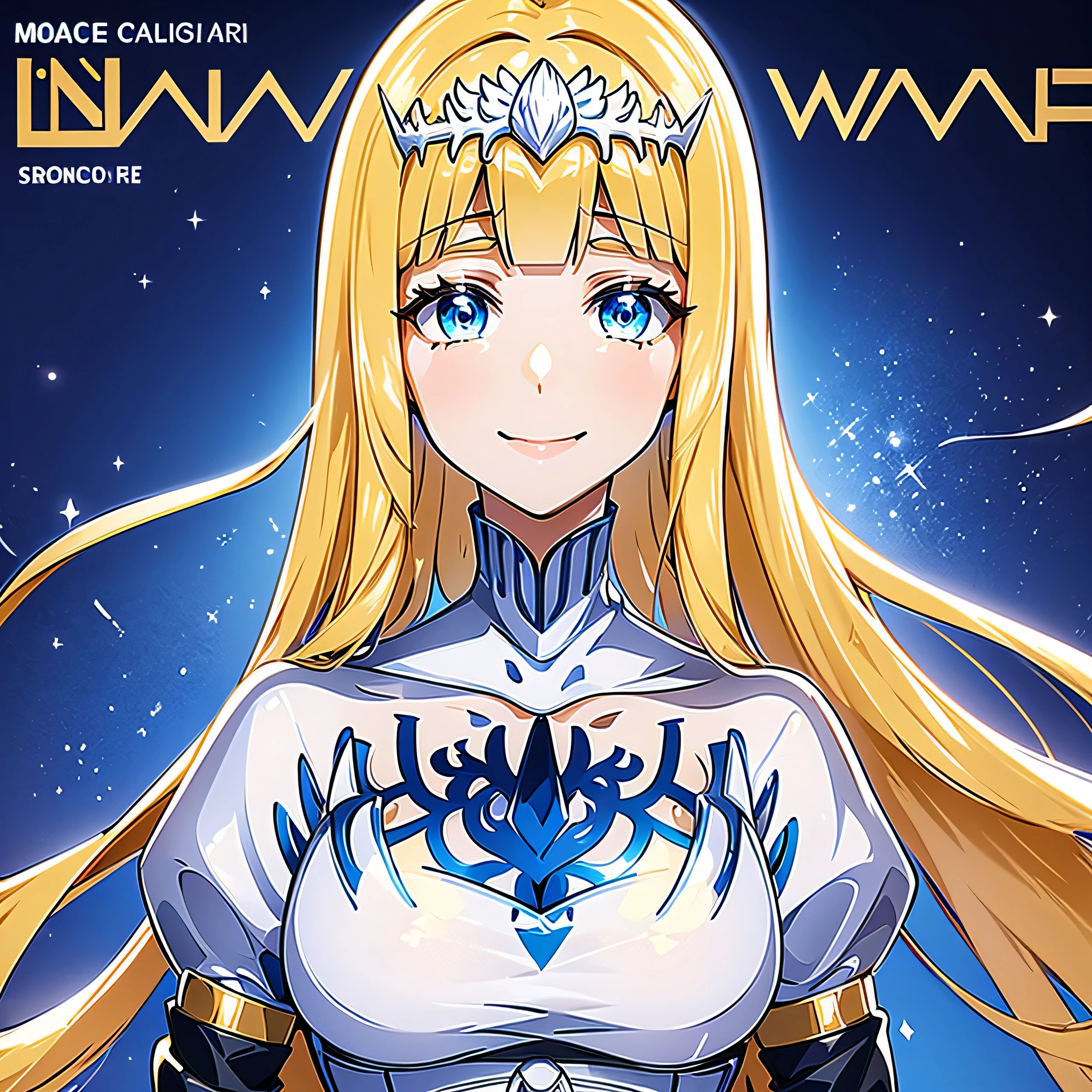 Magazine Cover. Anime. Solo. 1-woman. A young woman, smiles gently.. Fantasy theme. Upper body. Half body portrait.,, Calca, Calca Bessarez, blonde hair, extremely long hair, very long hair, white tiara, silver tiara, white dress, blue eyes, medium chest