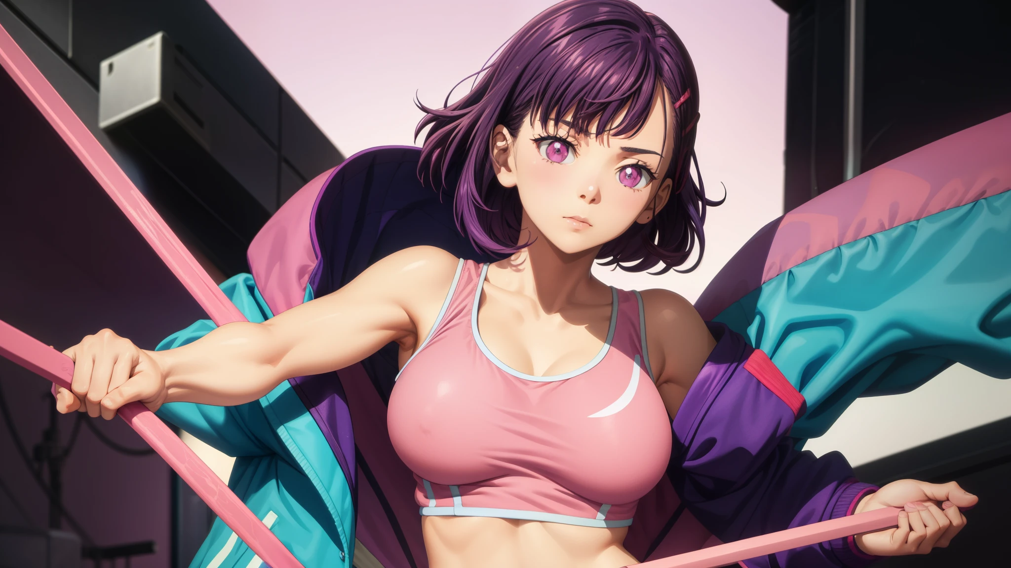 1girl, focused upper body, realistic, (short purple hair and hair clip), purple eyes, standing pose, (pink tanktop and pink skirt, blue jacket), purple background