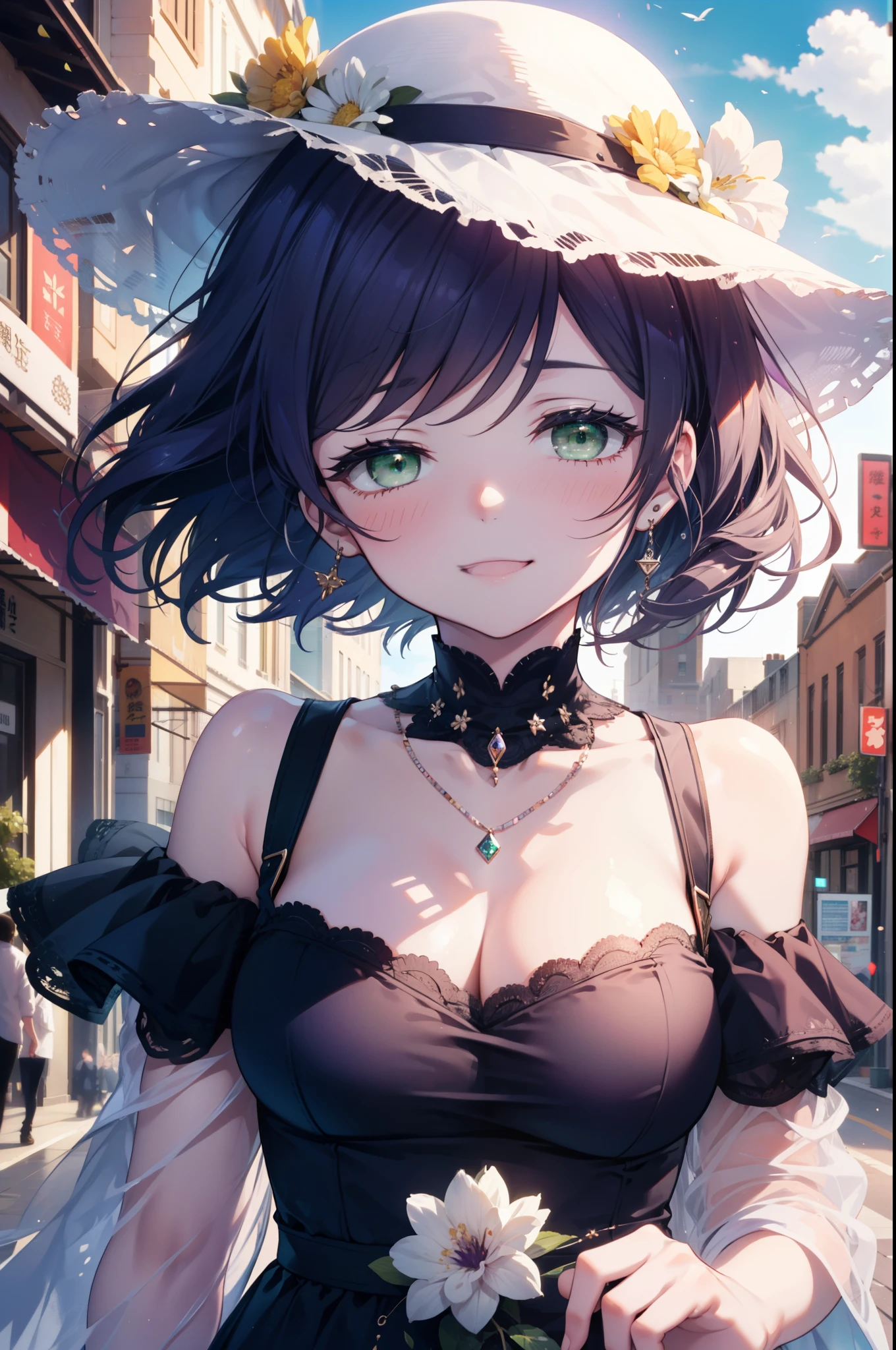 nozomitoujou, Nozomi-san always, (Green Eyes:1.5), Purple Hair, Short Hair,White hat,Big Breasts,Bare shoulders,Bare arms,bare clavicle,Bare neck,Locket Necklace,happy smile, smile, Open your mouth,Off-the-shoulder sleeveless dress,Long skirt,Heeled Sandals,True Summer,Daytime,Clear skies, break looking at viewer, break outdoors, In town,Building district, break (masterpiece:1.2), highest quality, High resolution, unity 8k wallpaper, (figure:0.8), (Beautiful fine details:1.6), Highly detailed face, Perfect lighting, Highly detailed CG, (Perfect hands, Perfect Anatomy),