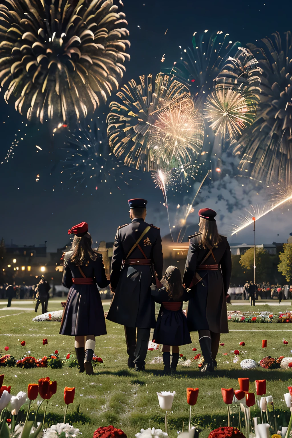 Create an image dedicated to the celebration of Victory Day on May 9 in Russia. The picture should depict the main values associated with various aspects of victory. These values may include peace, unity, heroism, remembrance, gratitude, freedom and justice. Each value should be symbolically represented through various scenes or objects, such as veterans in full dress uniform, memorials, flowers (carnations and tulips), family gatherings, children playing war games, and fireworks. The composition should reflect the atmosphere of respect and festive mood characteristic of this day