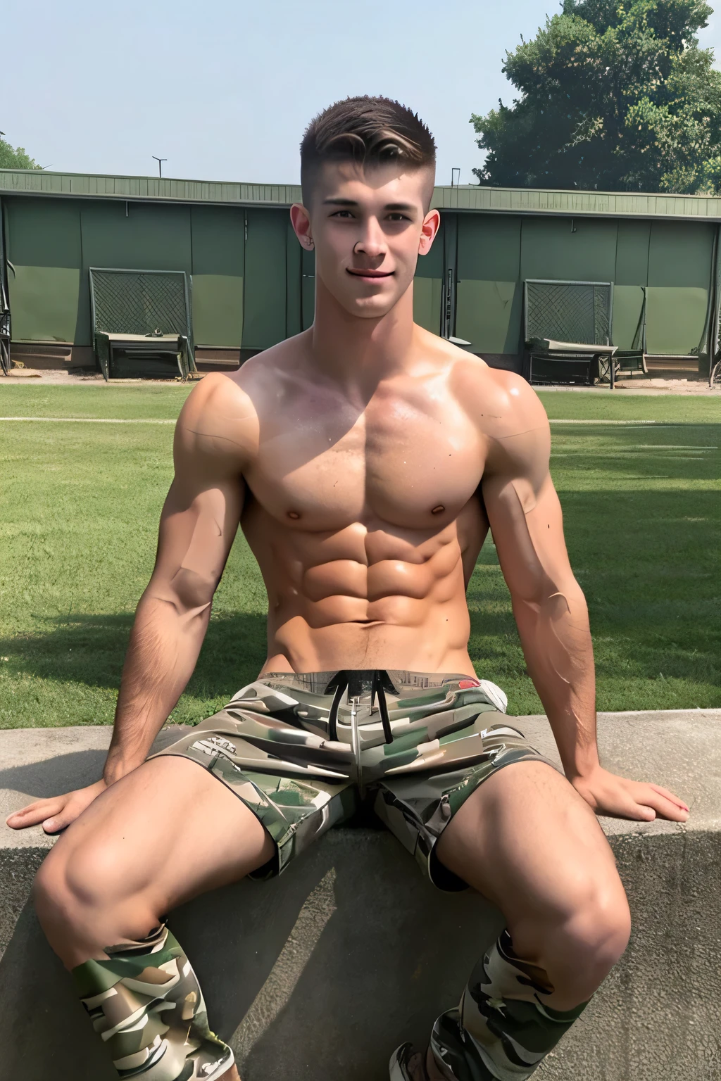 a shirtless 21-year old handsome caucasian male in faded haircut, camouflage pants, camouflage boots, cute, handsome face, six-pack abs, beautiful body, well-defined body, sweating profusely, dripping with sweat, drenched with sweat, exhausted, shirtless, hands behind head, in the military camp