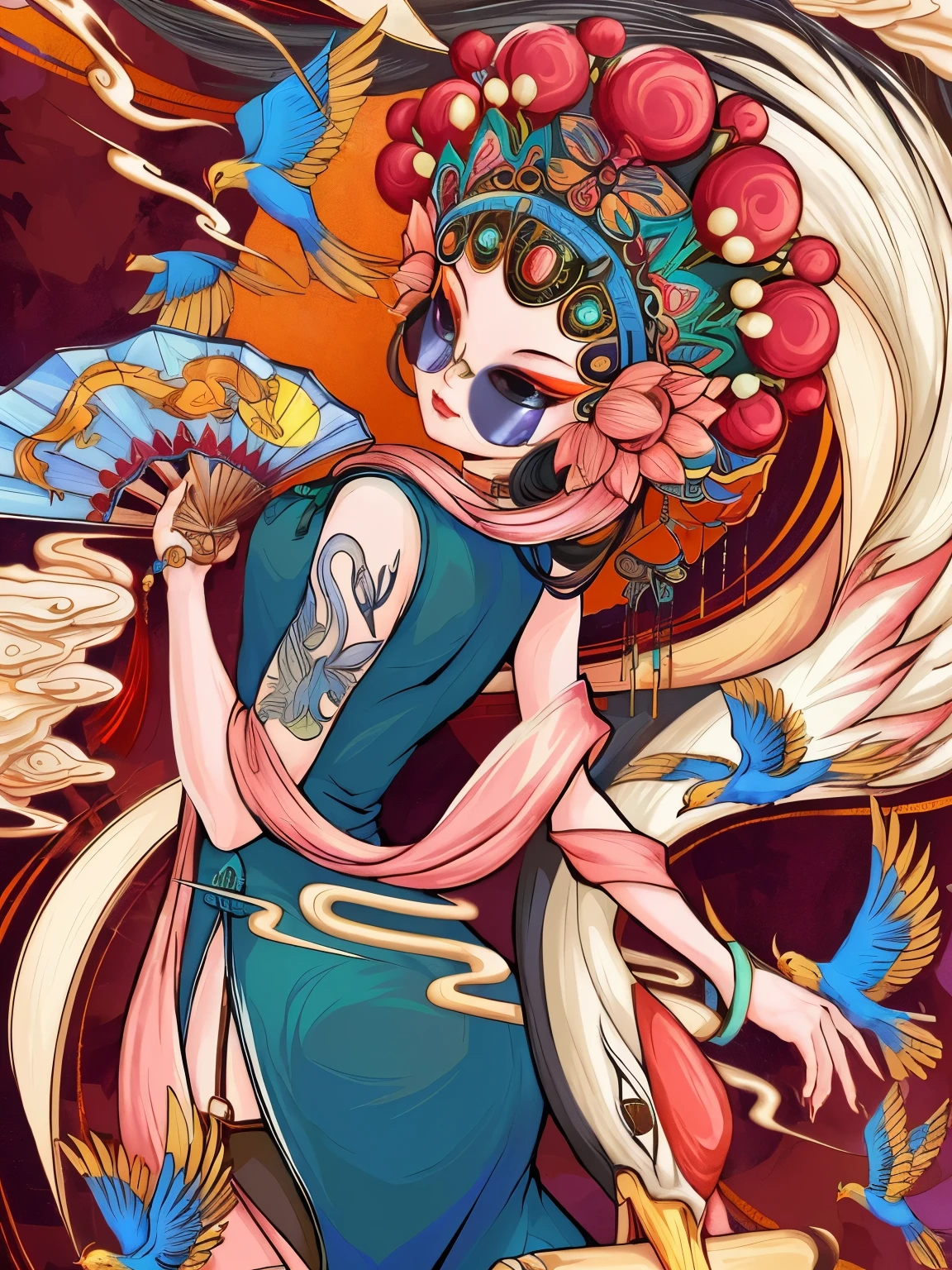 Close-up of a woman with a bird on her head, A beautiful artistic illustration, Colorfull illustration, Korean Art Nouveau Anime, Digital illustration style, Color illustrations, Full-color digital illustrations, Illustration Art, 纹身Color illustrations, Beautiful digital illustrations, Chinese Goddess, Chinese Art Style, anime style artwork, Full color illustrations