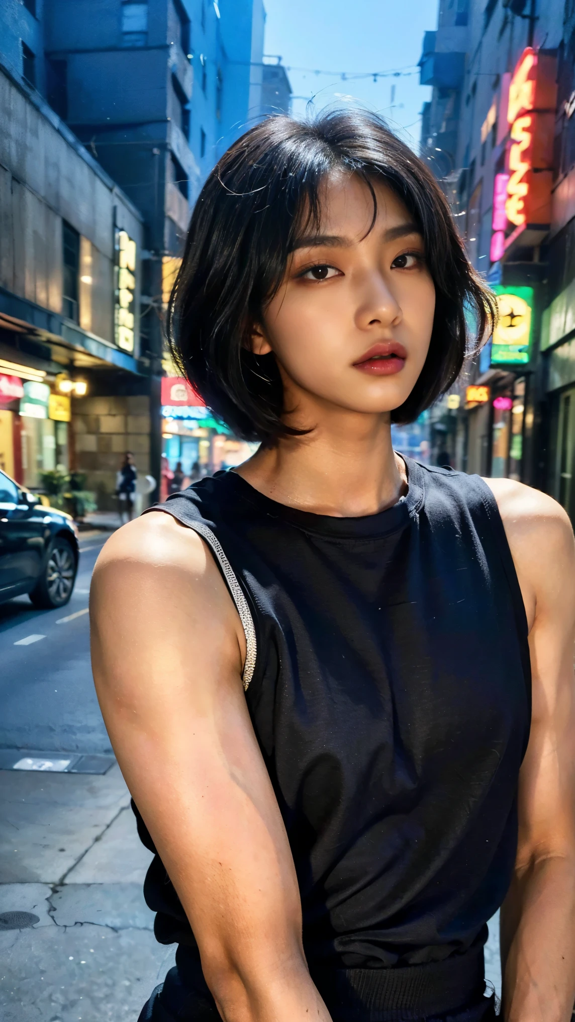 Realistic photos, 8k,(((A bustling neon street,Have a board,Begging,Handsome young Korean tomboy with a bob cut))),(((Big eyes,Glaring at the camera,Unpleasant,Bad mood))),Chest is male,18-year-old,(Ultra-realistic), (figure), (High resolution), (8k), (Very detailed), (Best figure), (Beautiful fine details), (highest quality), (Super detailed), (masterpiece), (wallpaper), (Detailed face), ((whole body,Flat Chest,Slightly muscular)),alone,Black hair bob cut,(((A girl with makeup on her face,The body is a perfect man))), Black tank top,Training pants,Transgender,Korean,kpop,Holding a menu written on cardboard,Muscular male chest