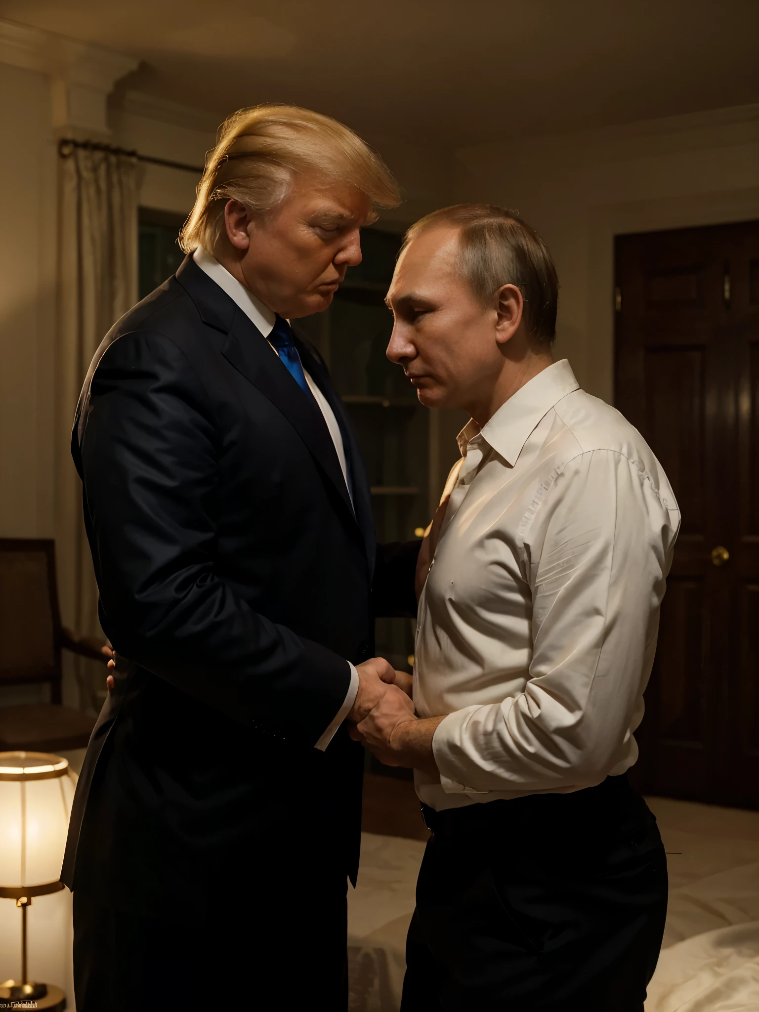 In the low-light room, Two men posing political behave, hugging or shake hands, ((Donald Trump and Vladimir  Putin)), size of Donald Trump:1.2, Facing each other,Among them, The first man is an old man, And the other is young, With an atmosphere of concentration in the discussion between them and a deep look, Wear a black suit, The young man enthusiastic expression, focus two men, Contrast lighting, delicate skin,Cinematic, HD, details , Realistic, Get to know a professional photo, soft lighting, highs quality, Best Quality, 
