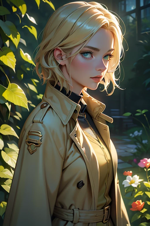 (best quality, highres, ultra-detailed:1.2), realistic, girl with, beautiful detailed green eyes, beautiful detailed lips, extremely detailed face, long eyelashes, short blonde hair, wearing a trench coat, standing near, a garden scene, vibrant colors, soft lighting, oil painting style.