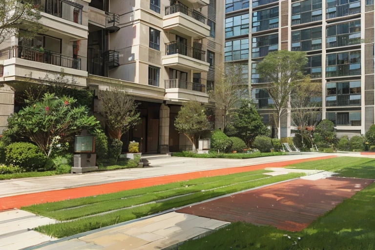There is a red runway in the middle of the lawn, An elegant walkway between the towers, Housing, 2022 Wide-angle exterior, Courtyard passage, Parks and public spaces, Inspired by Cheng Jiaying, Garden environment, Garden with flower beds, Wide Wide Shot, Wide Wide Shot, On a sunny day, Lush green environment, Green Terrace, High-end