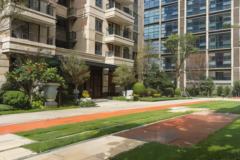 There is a red runway in the middle of the lawn, An elegant walkway between the towers, Housing, 2022 Wide-angle exterior, Courtyard passage, Parks and public spaces, Inspired by Cheng Jiaying, Garden environment, Garden with flower beds, Wide Wide Shot, Wide Wide Shot, On a sunny day, Lush green environment, Green Terrace, High-end