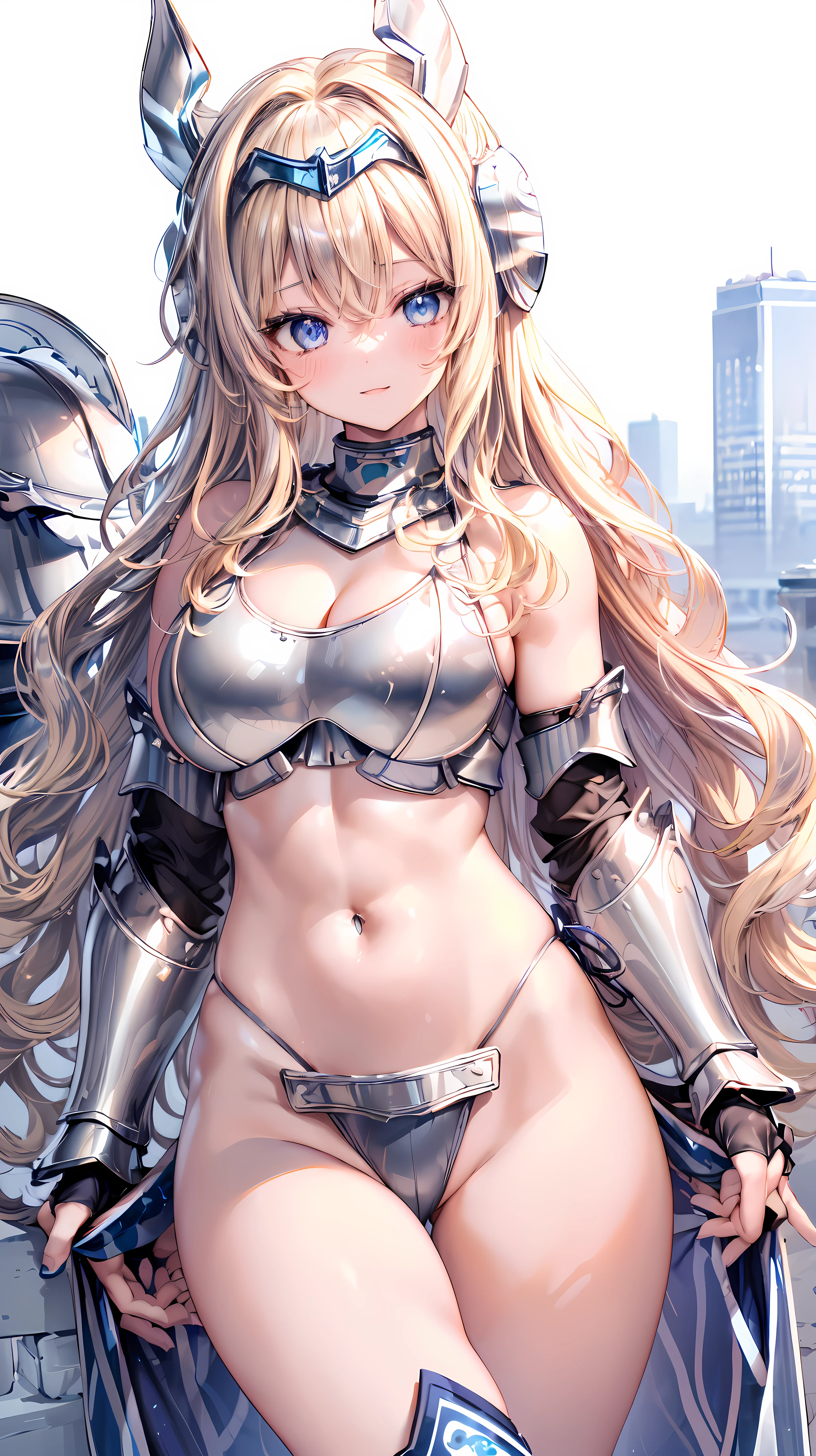 Very detailed、highest quality、Best image quality、masterpiece、8k、Anime Face、A kind smile、Open your mouth、Sparkling blue eyes、(Blonde wavy hair:1.5)、、Muscles of the whole body、camisole、Thigh belt、mini skirt、(Wearing silver bikini armor:1.5)、(Cowboy Shot:1.5)、(Leg armor:1.5)、(Wearing a helmet:1.5)