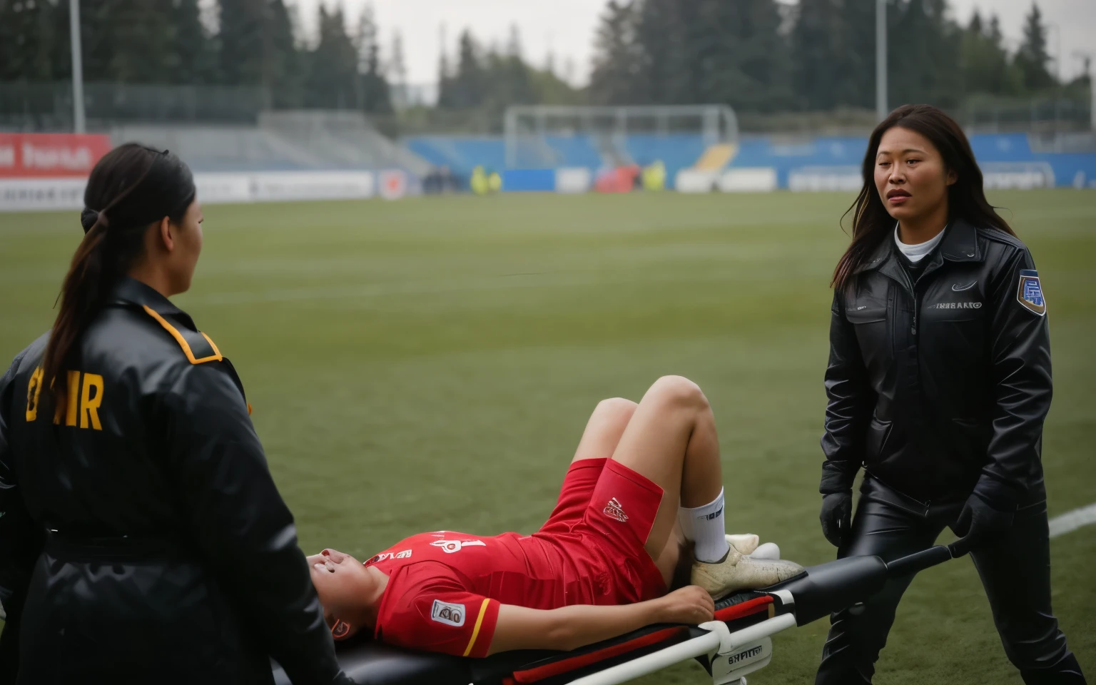 A scene at a soccer stadium in Mongolia, There is an attractive and heavily made-up Mongolian female police officer in a long black leather coat, A Mongolian female police officer in a shiny black leather coat on a soccer field, A Mongolian female police officer is holding a stretcher, A man is lying on the soccer stadium his back with his torso on the right in matt and roughened white and red sportswear on a stretcher, a man lies on a stretcher and has his left arm bent over his face, we only see the torso and thighs of the male athlete who is being carried with the stretcher to the left off the picture, the man lies on his back on the stretcher and covers his face with his bent left arm, the mongolian policewoman is exceptionally heavily made up and has an extremely desperate and very angry expression on her face, high-resolution photo, realistic sports photo, soccer scene, mongolia, mongolian policewoman, uniformed woman in black shiny long leather coat, injury scene, real photo, ultra realistic, high definition, sports photography