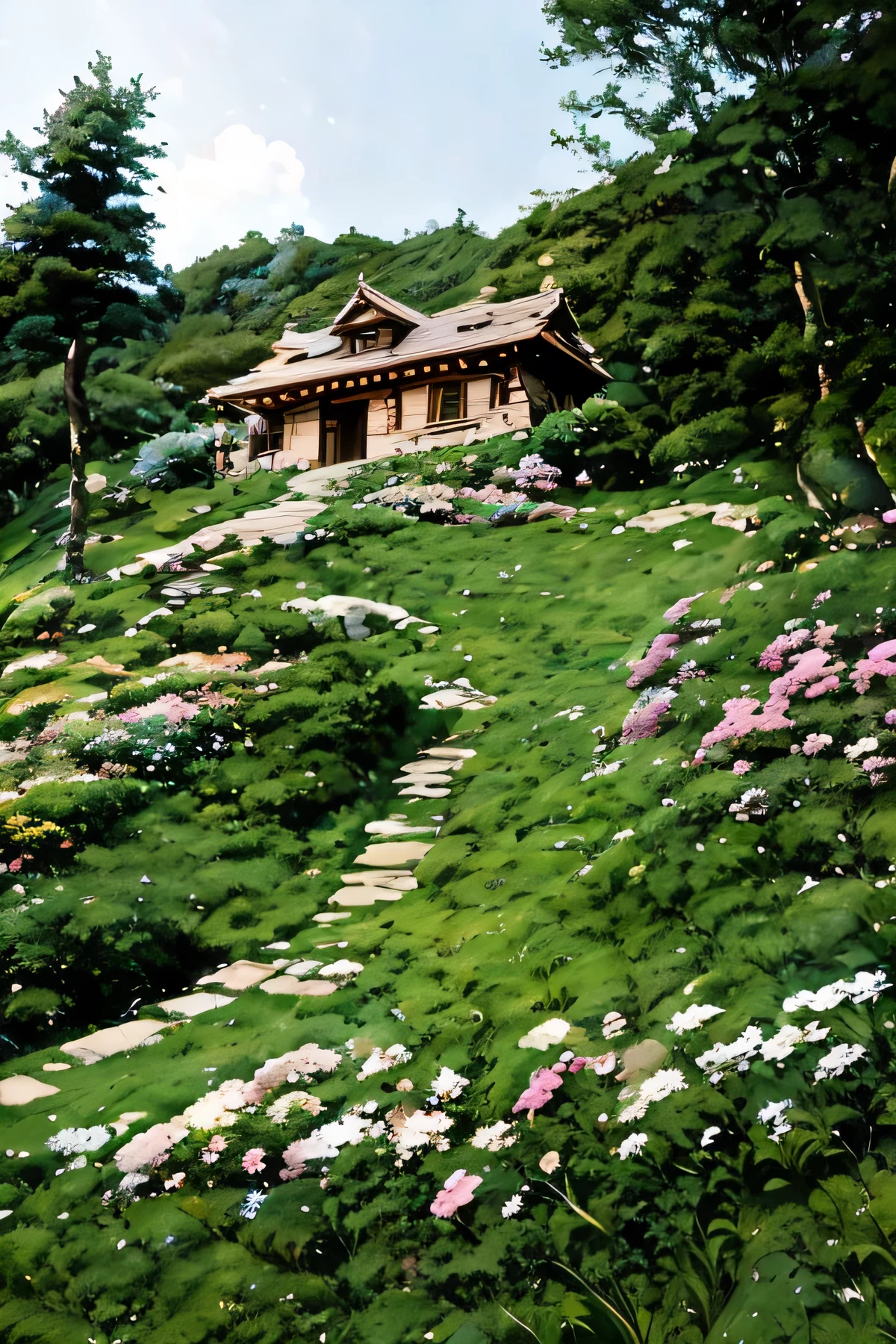 On the slope covered with flowers and grass,There is a small house,Fairytale little house,House built of stone,Built on a cliff,One side is the sea,The other side is lawn