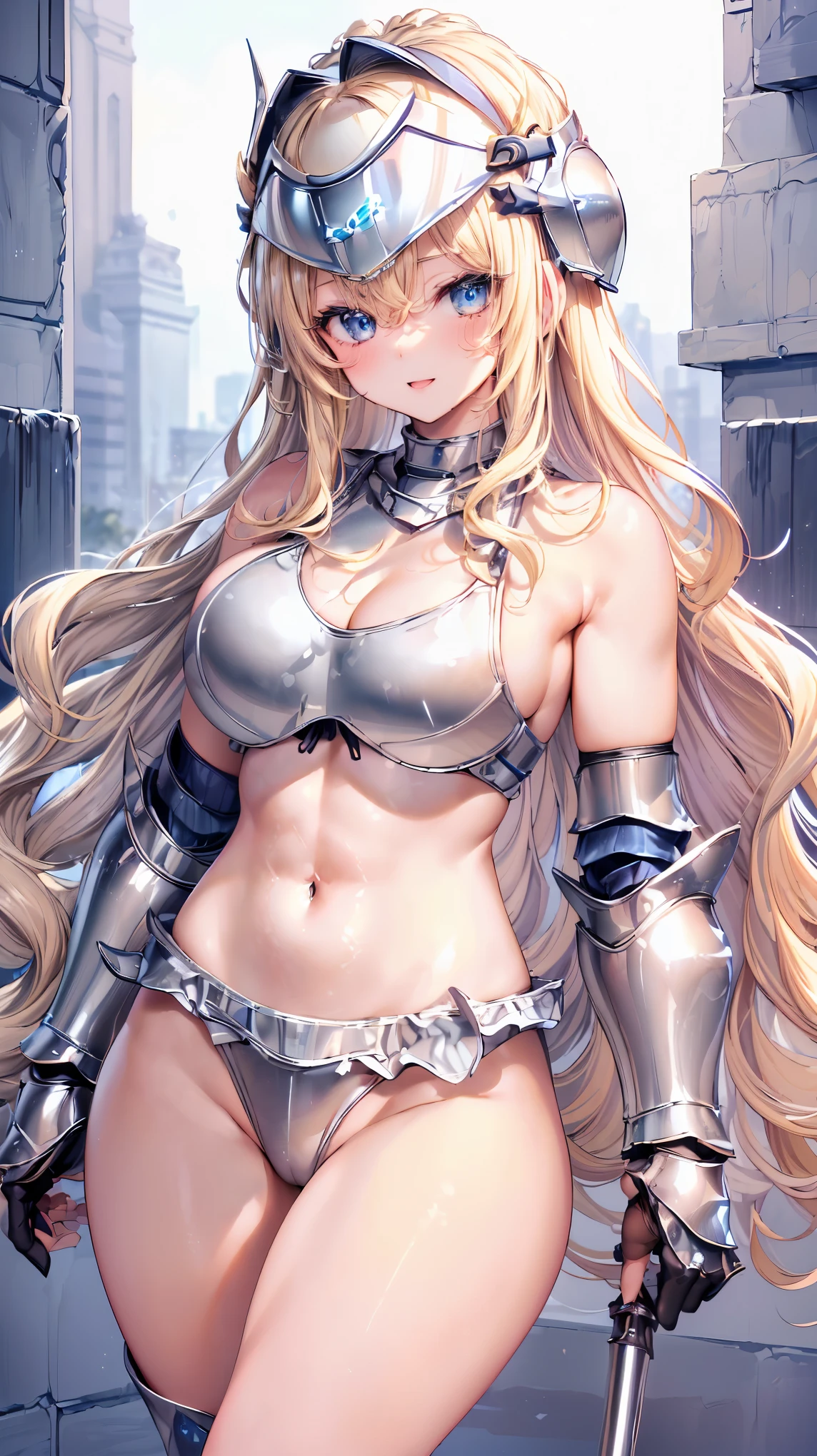 Very detailed、highest quality、Best image quality、masterpiece、8k、Anime Face、A kind smile、Open your mouth、Sparkling blue eyes、(Blonde wavy hair:1.5)、、Muscles of the whole body、camisole、Thigh belt、mini skirt、(Wearing silver bikini armor:1.5)、(Cowboy Shot:1.5)、(Leg armor:1.5)、(Wearing a helmet:1.5)