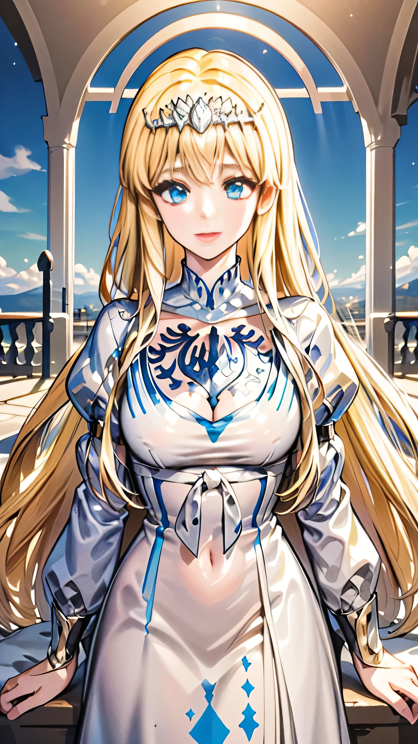 Best quality, masterpiece, very detailed, best quality, masterpiece, , (8k, best quality), (1girl:1.3), :), fantastic, age, sleepy eyes, 1girl, solo, Calca, Calca Bessarez, blonde hair, extremely long hair, very long hair, white tiara, silver tiara, white dress, blue eyes, medium chest