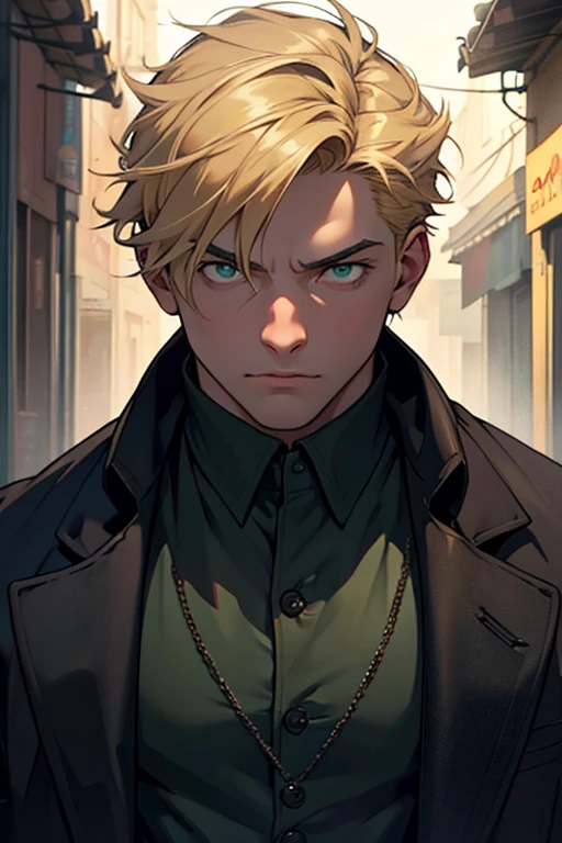 A young man with short blond hair, standing at 1.8 meters tall, wearing a long black overcoat. He has piercing green eyes that stand out against his fair complexion. The coat is snugly fitted, emphasizing his lean physique. The lighting is dramatic, casting deep shadows and highlighting the contours of his face. The overall image quality is of the highest standard, with ultra-detailed features and a realistic appearance. The artwork is created using traditional mediums, giving it a classic and timeless quality. Vibrant colors are used to enhance the visual impact, with a slight emphasis on cool tones. The scene is set in a dimly lit alley, adding a sense of mystery and intrigue. The character stands with a confident posture, his gaze focused and determined. This artwork combines elements of portrait photography and concept art, resulting in a unique and captivating style.