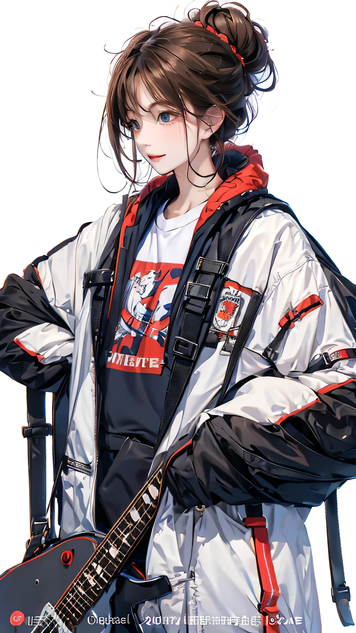 masterpiece, highest quality, winter clothing, bun hair, guitar, Upper body, pure white background