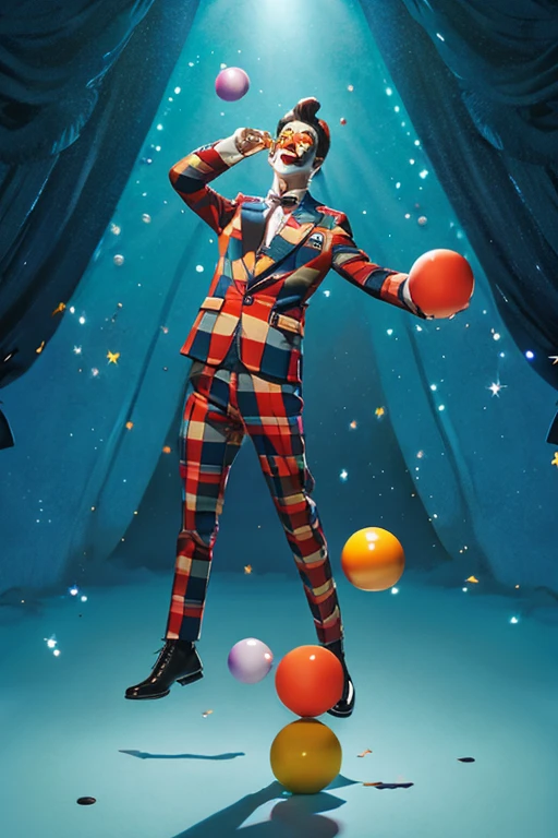 2D illustration: A dynamic full-body image of a clown juggling in the spotlight