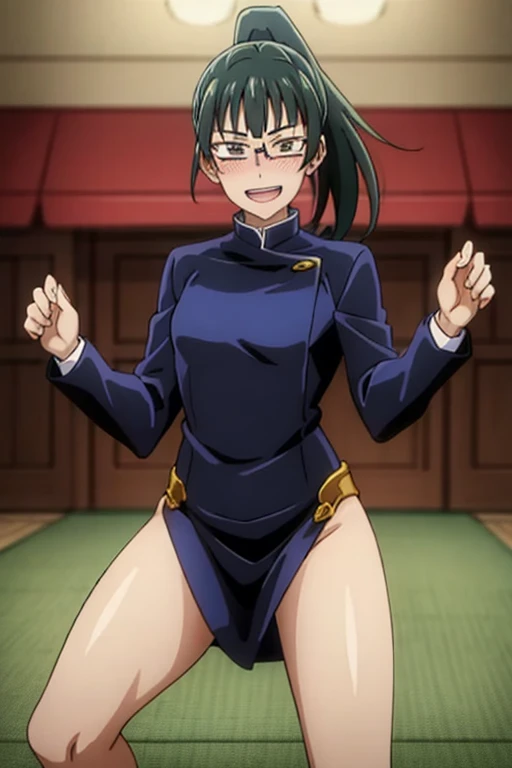 best quality, masterpiece, 1girl, (solo:1.1), raytracing, ultra detailed,detailed face, 8k wallpaper, wide hips, ZeninMakiNDV, 1girl, green hair, yellow eyes, large breasts, ponytail, glasses, jujutsu uniform, jacket, skirt, indoor, from side, looking at viewer,  1 girl, 1 boys, girl gaze looking at the camera, maki zenin gaze looking at the camera, boys closed eyes, girl green hair colors, maki zenin green hair colors, boys black hair colors, black nail colors maki zenin, boys lick boot girl, boys lick boot maki zenin, boys lick foot girl, boys lick foot maki zenin, boys penis sperm comes out, boys closed eyes, boys eyes closed, maki zenin black stocking colors, black shoes colors maki zenin, maki zenin thick body, maki zenin gaze looking at the camera, boys not smile, boys not smiling, boys worried face, maki zenin eyes open, girl open eyes, maki zenin open eyes, boys closed eyes, boys scared face, boys lick foot girl, boys lick foot maki zenin, foot slave, maki zenin gaze looking at the camera, girl gaze looking at the camera, maki zenin yellow eyes colors,