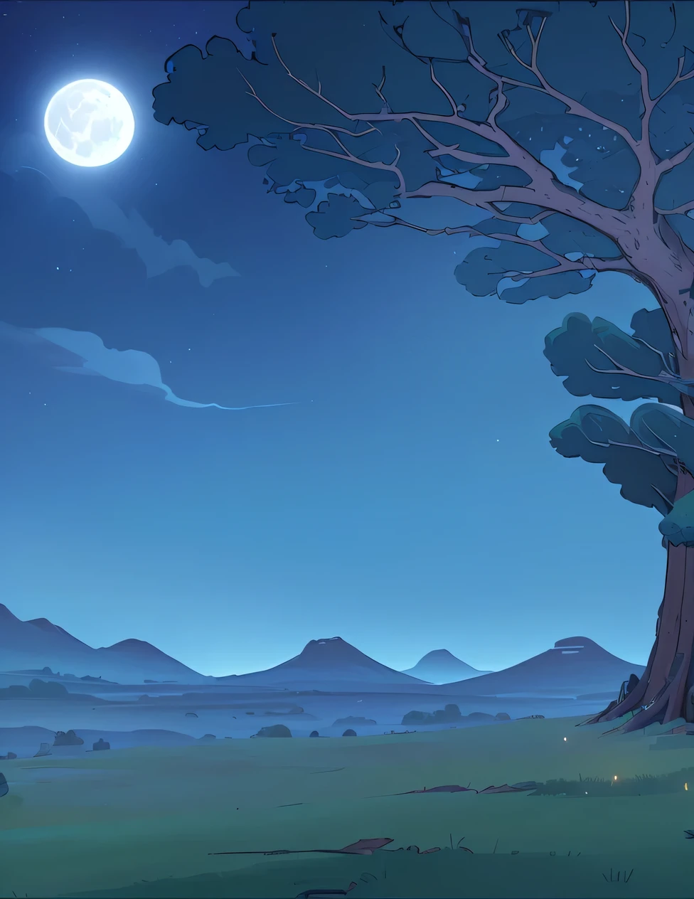 There is a cartoon picture of a tree in the middle of a field, background technologywork, background technology, mobile Game Background, Night forest background, Night scene background, Random background scenes, Night background, 2d Game Background, A quiet night. Digital illustration, 2D Game Art Background, cartoon moody scene, Game Background, Moonlight Forest Environment, Night natural landscape, Moonlight Background