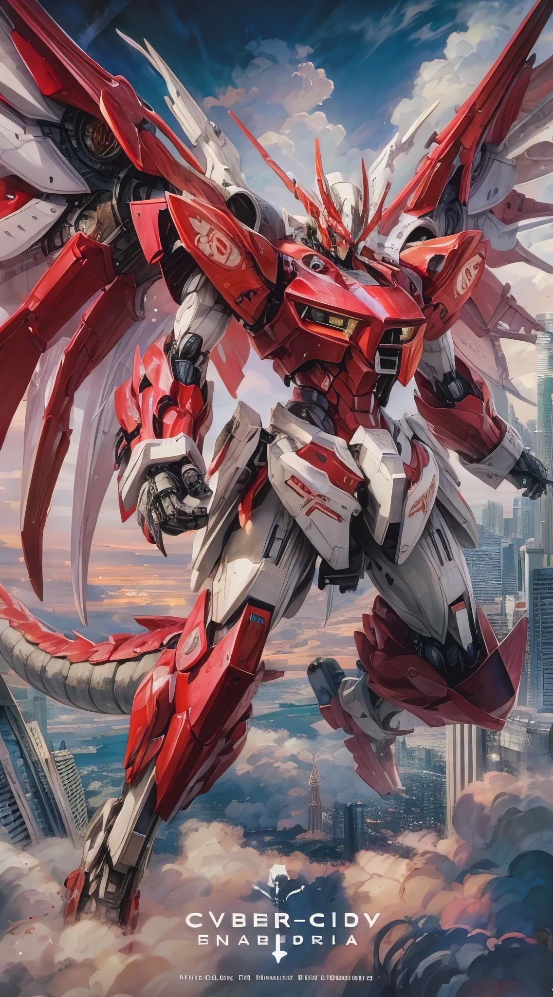 A spellbinding anime realism illustration created by top artists, showcasing an immense red and white dragon mecha named Cybercity Guardian. With the initials "AE" prominently displayed on the arm, this ultra-detailed mechanical marvel combines stunning engineering and architecture. The dragon mecha soars through the sky, surrounded by clouds and a breathtaking city skyline. The composition is nothing short of perfect, capturing the essence of portrait photography and the grandeur of urban architecture., portrait photography, architecture