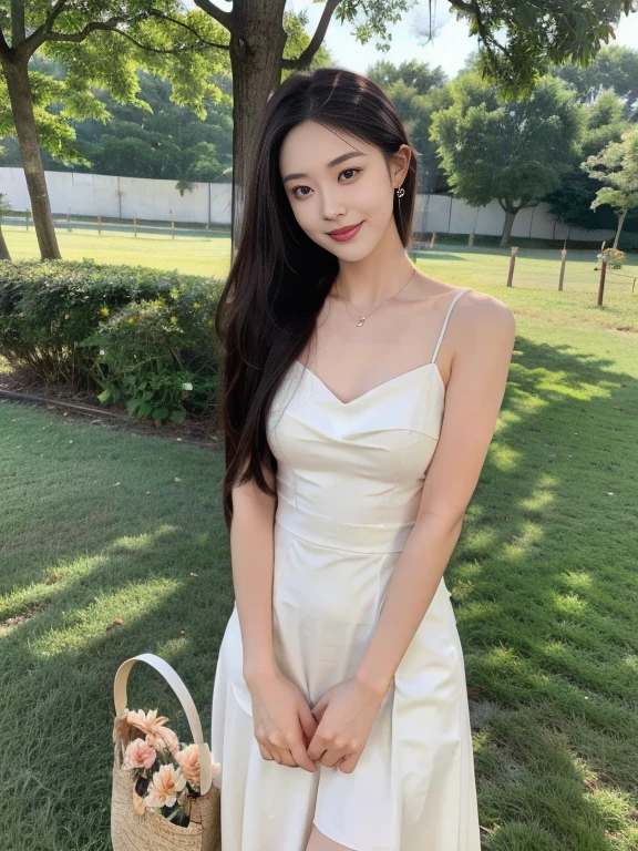 ，masterpiece, highest quality，8k, Ultra-high resolution，Real Light and Shadow，Cinema Lenses，(Beautiful Eyes:1.1)， ((Medium shot scenes，Upper body))，Dynamic Pose，In the green grassland，A gentle goddess came with gentle steps。She was wearing a white dress，A gentle breeze blows，The skirt flutters lightly。The sun shone through the leaves in her hair，Reflecting her clear eyes and gentle smile。Colorful butterflies flutter around her，Flowers bloomed at her feet，It was as if nature was cheering her on.。