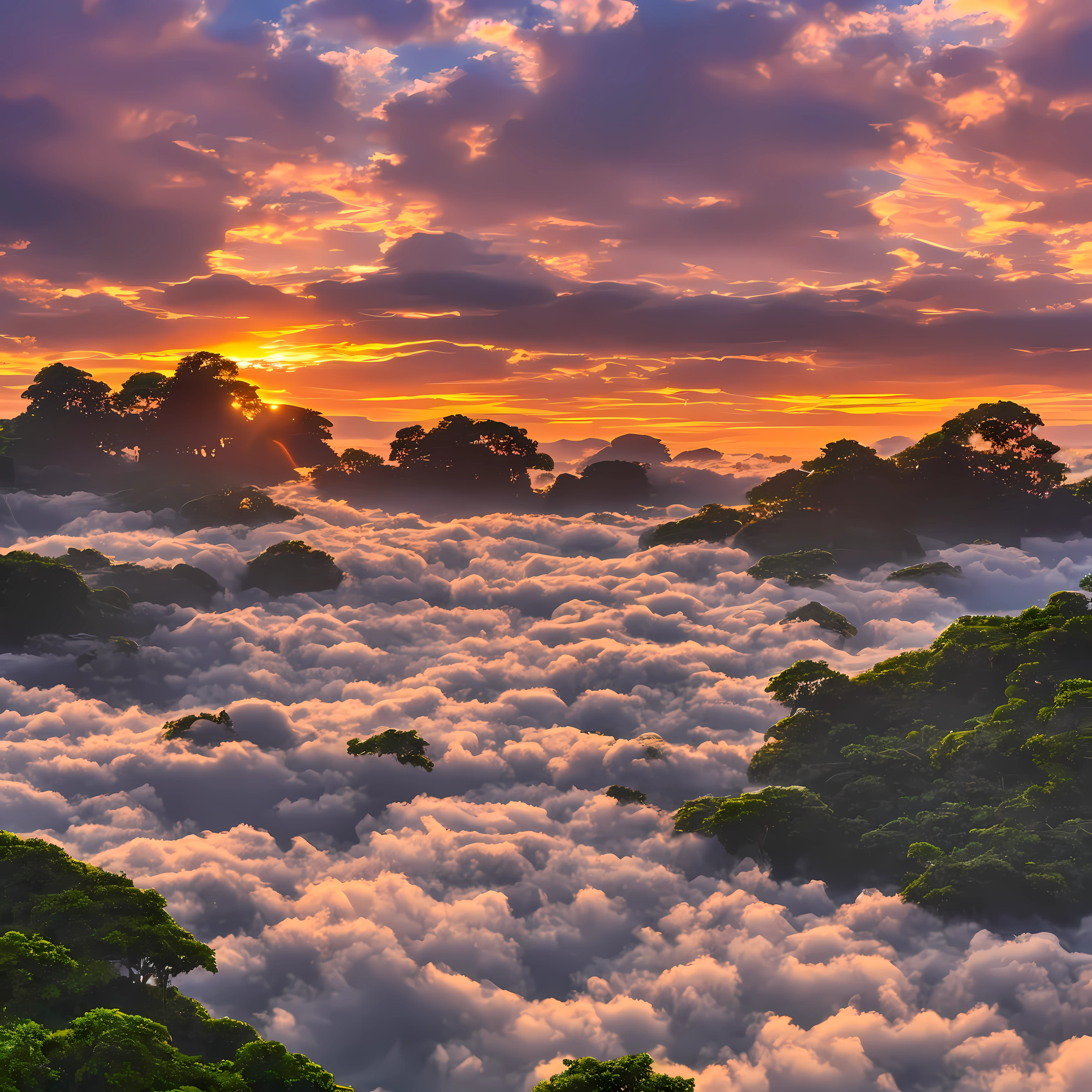 Tarzan, landscape, sunset, sunset, cloudy, surreal, sea of clouds, 8k, high detail, high quality, natural --auto --s2