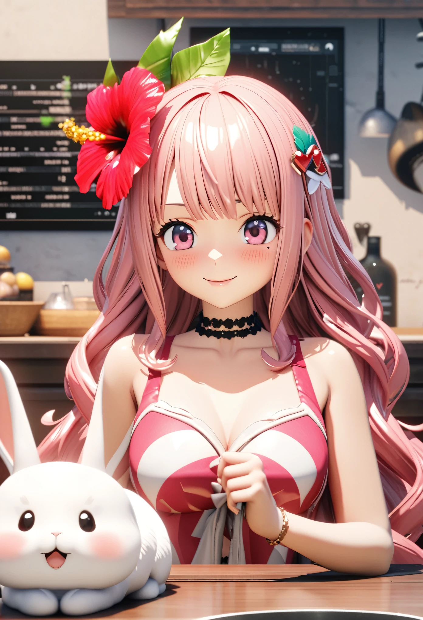 masterpiece, highest quality, Very detailed, High resolution, An expensive solution, High resolution, 4K, 8k, unity 8k wallpaper, Very detailed CG, masterpiece, 2D, 3D, Beautiful details, depth, Fine texture, highest quality: 1.3, Total concentration, Crisp skin, he, Very cute anime rabbit, A cute rabbit like an idol, expensive pink long hair, One Girl, Aloha One Piece, morning, morning食, hibiscus hair accessory, Smiling long pink hair, whole body, Mole under the eye, Line Sight, expensive, blush, Lips parted, heart, Pink Eyes, choker