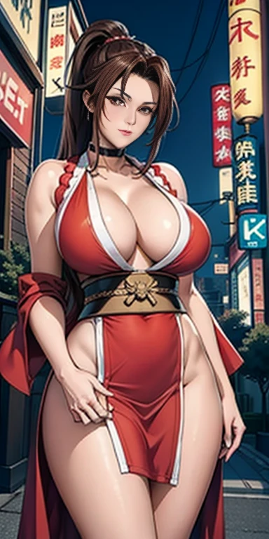 red dress, sleeveless, japanese clothes, ((Mai Shiranui:1.2)), Cyberpunk, bare shoulders, brown hair, brown eyes, long high ponytail, hair tie, makeup, 1 girl, sleeve, 25yo, Japanese mature female, beautiful finger, beautiful long legs, beautiful body, beautiful nose, beautiful character design, perfect eyes, perfect face, jewelry, hands on chest, see-through, looking at viewer, hair ornament,  choker, shy, king of fighters,
(masterpiece, top quality, best quality, official art, beautiful and aesthetic: 1.2), (1 girl), extremely detailed, colorful, more detailed,
(large breasts:1.2,) upper body, bottom, cameltoe, white panties, floating skirt,
Cyberpunk Little Tokyo district, bustling with neon signs, night, Japanese Culture, Japanese Art