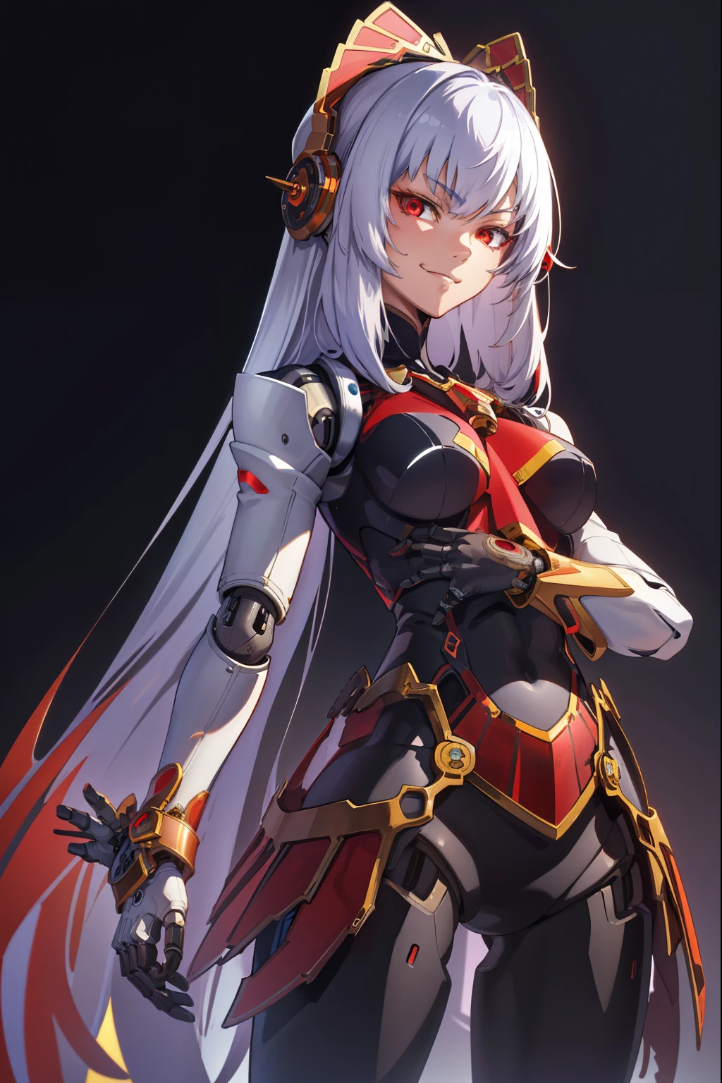 metis,android,robot joints,(extremely detailed CG unity 4k wallpaper),(masterpiece),(best quality),(ultra-detailed),(best illustration),(best shadow),(absurdres),(Simple background), White long hair (Hime cut), Red eyes, Arrogant, Smirk 