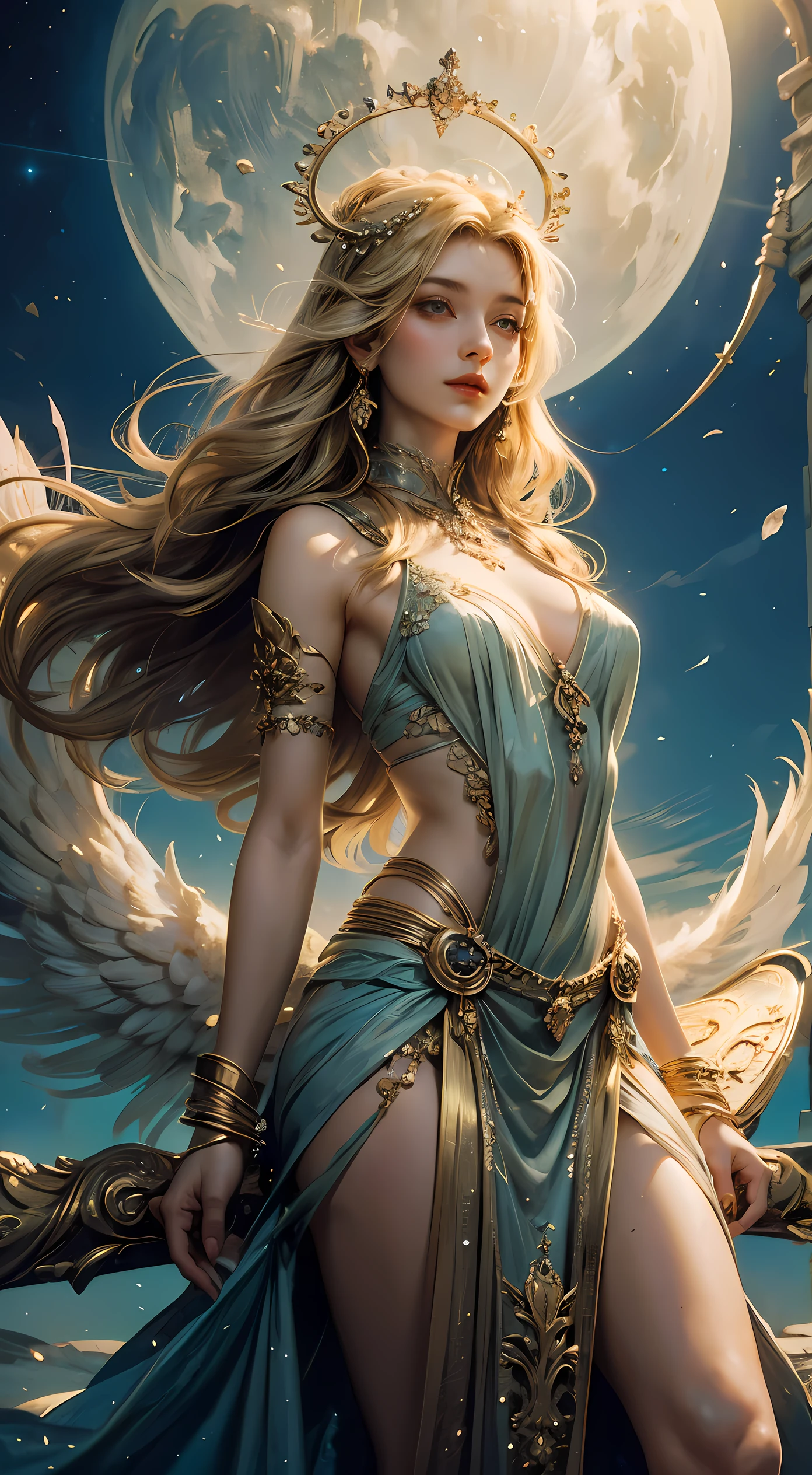 (Goddess of Love) beautiful, ethereal, shine, Sacred, flowing gown, Golden halo, Soft curl, vivid flowers, breeze, heavenly aura